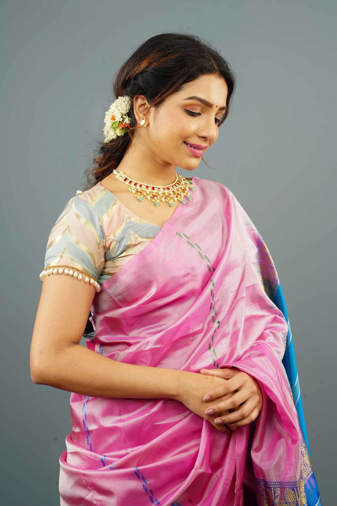 Banarasi Blouse in Gray Pink rangkaat designin pastel hues with beaded back detailing, Customizable, Made to Order