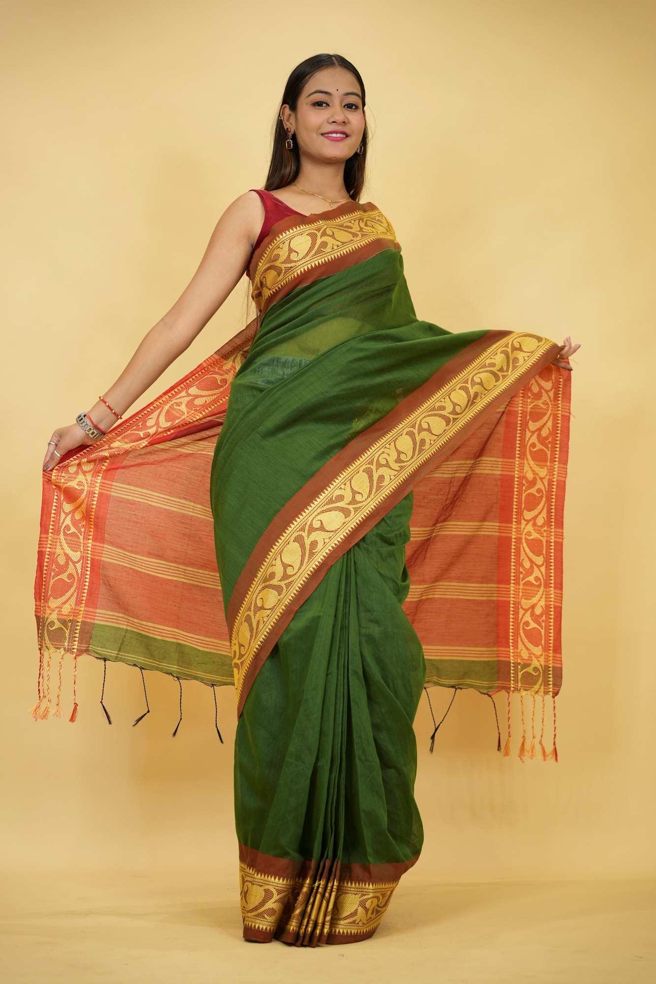 Green Cotton Silk with Red Zari Border & Striped Pallu Ready To Wear Saree