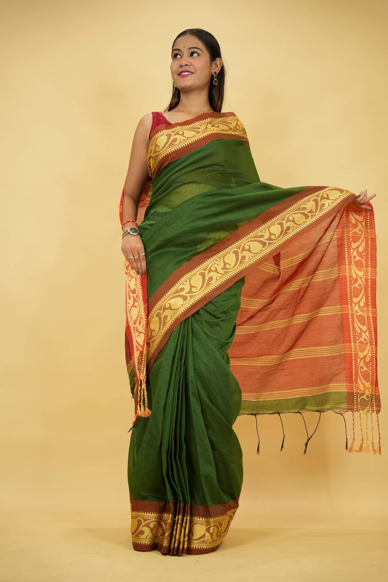 Green Cotton Silk with Red Zari Border & Striped Pallu Ready To Wear Saree