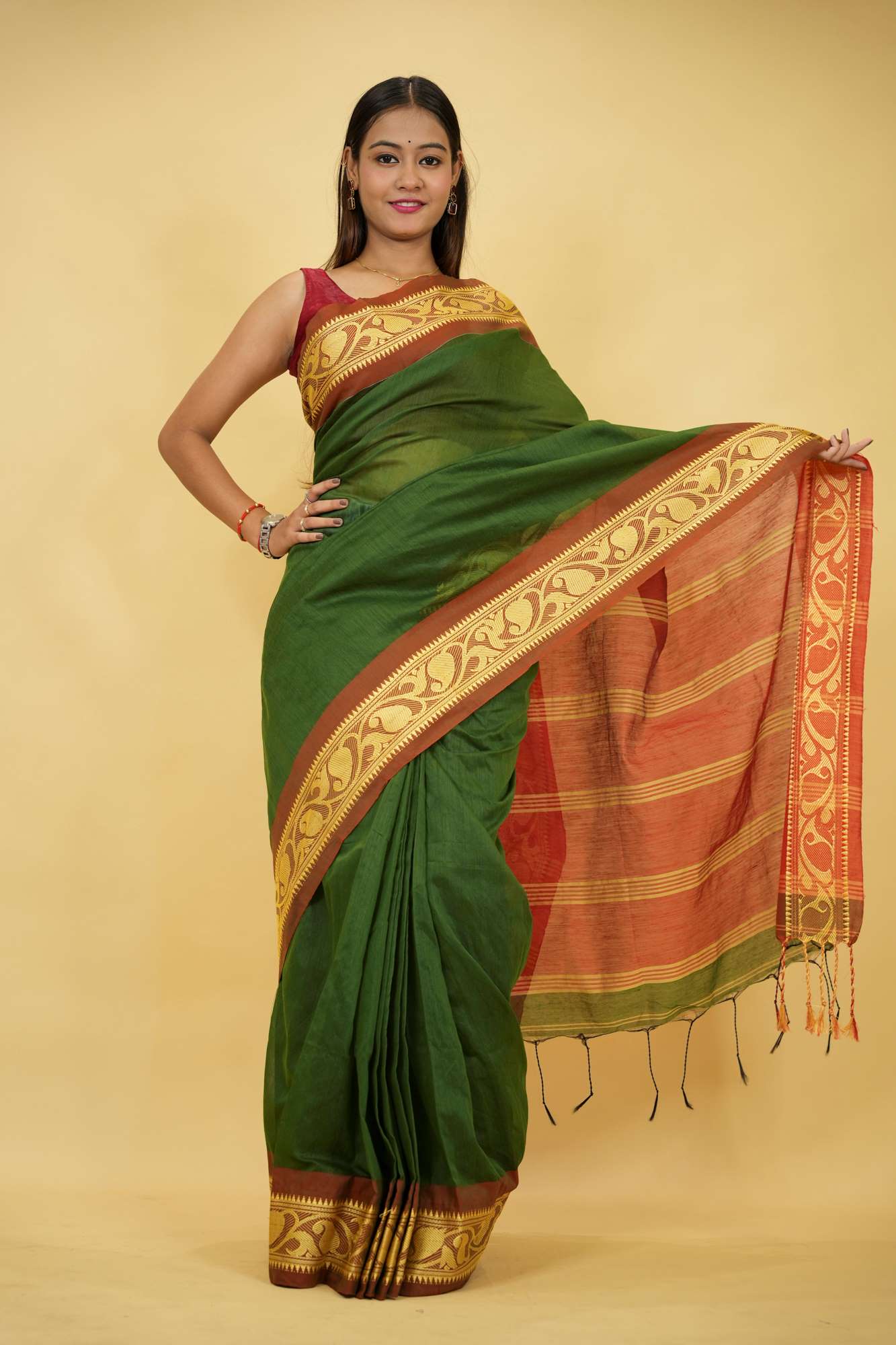 Green Cotton Silk with Red Zari Border & Striped Pallu Ready To Wear Saree