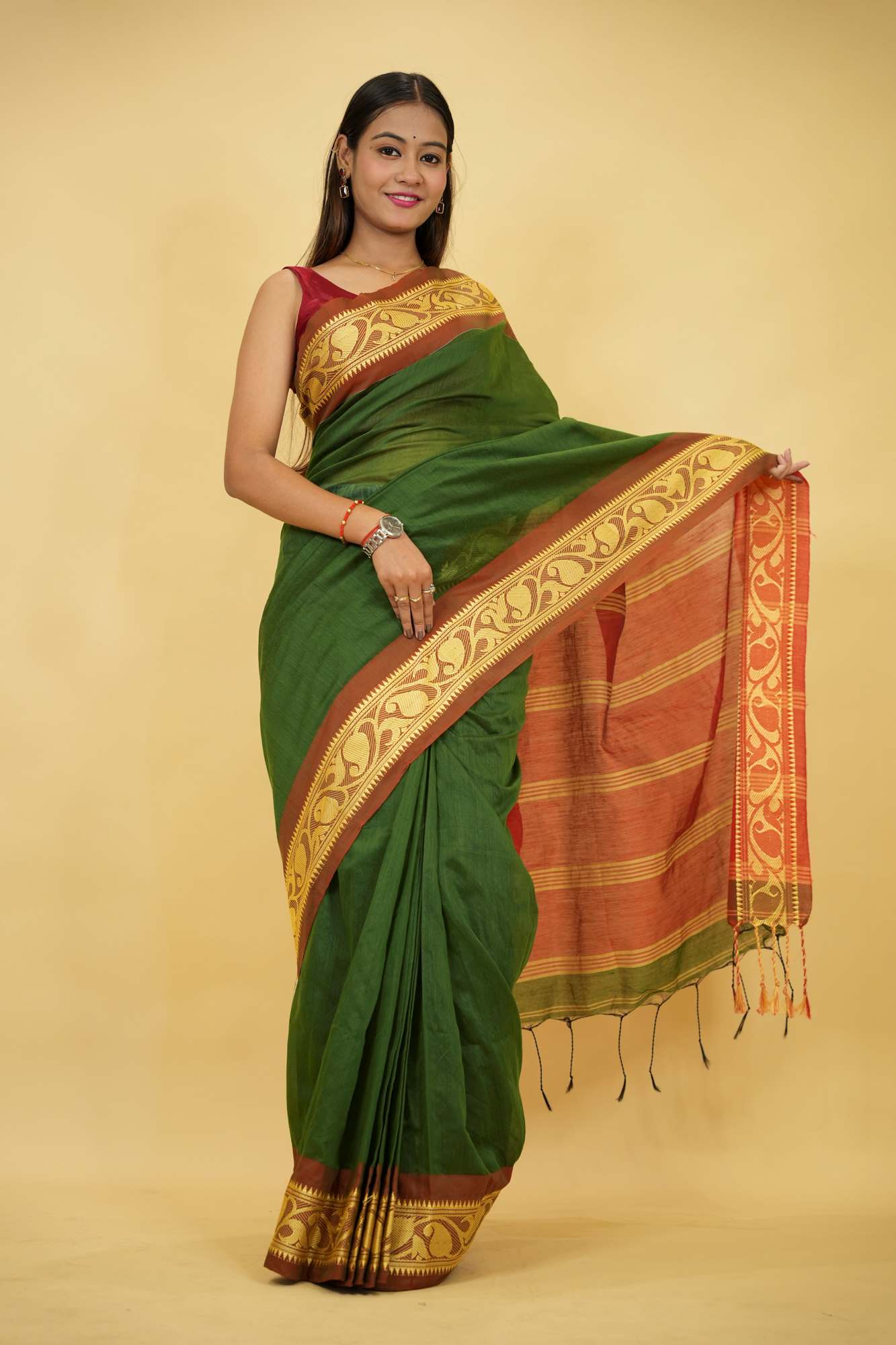 Green Cotton Silk with Red Zari Border & Striped Pallu Ready To Wear Saree