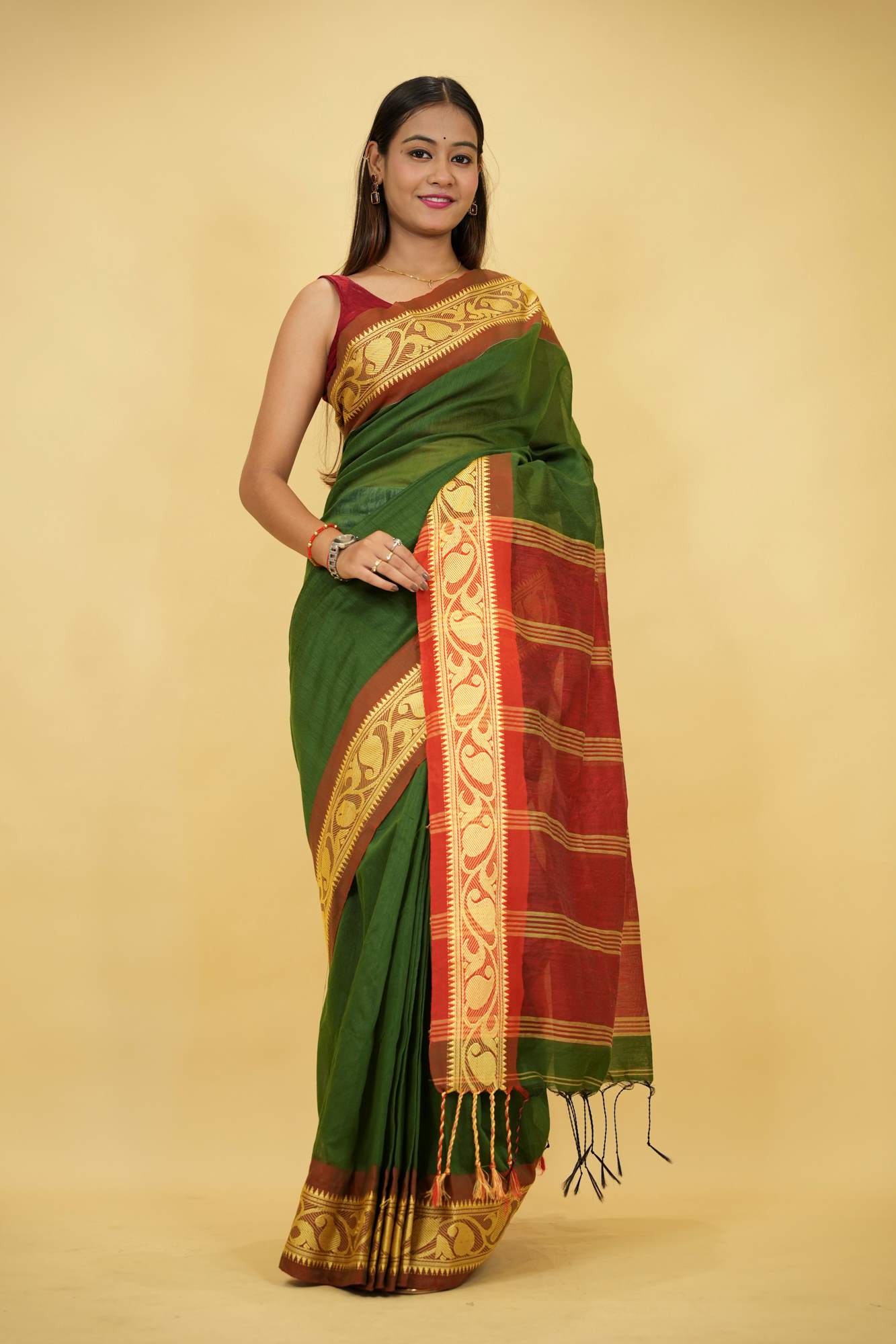 Green Cotton Silk with Red Zari Border & Striped Pallu Ready To Wear Saree