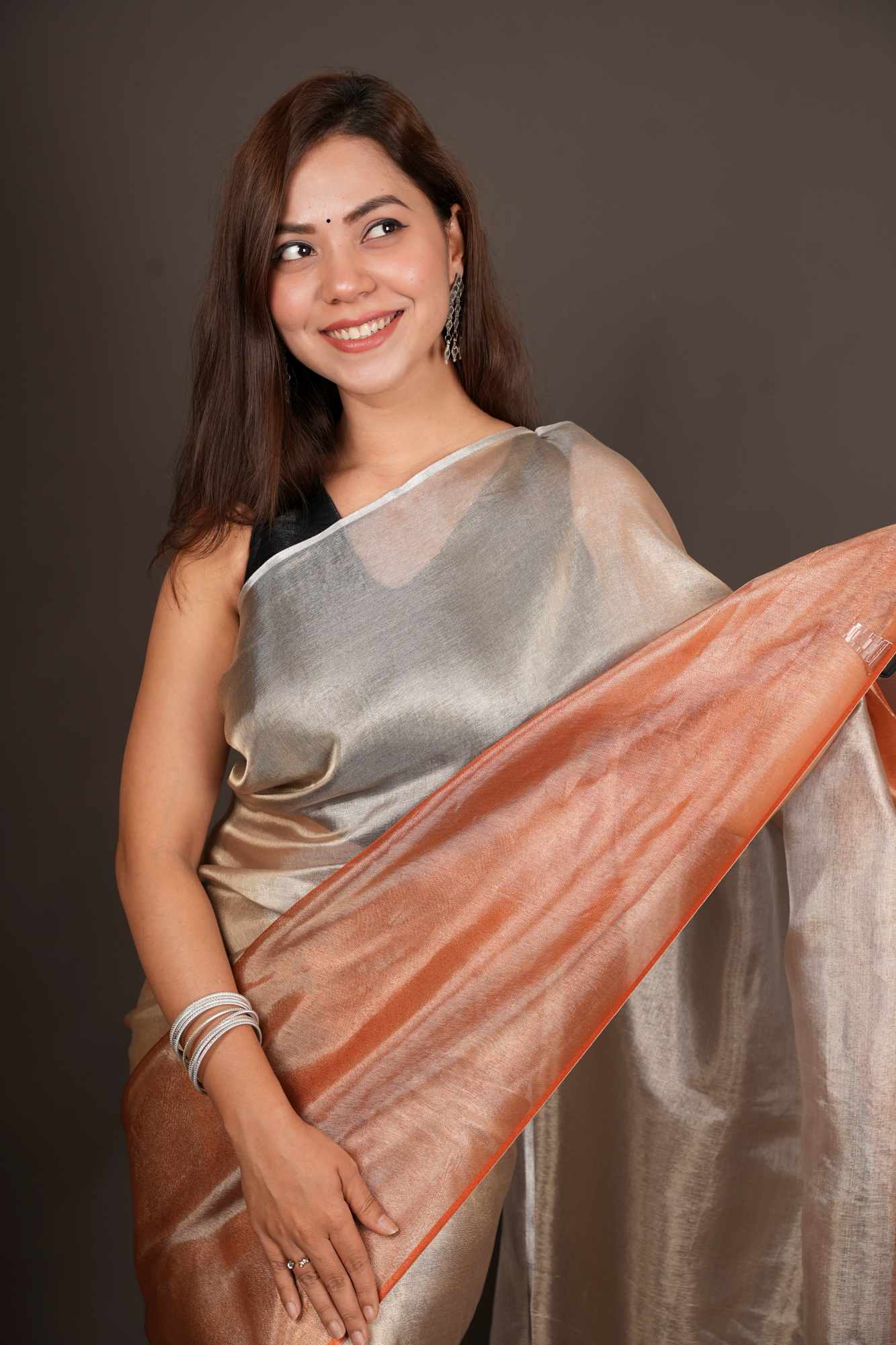 Dual Tone greyish orange sunset tissue silk prestitched saree