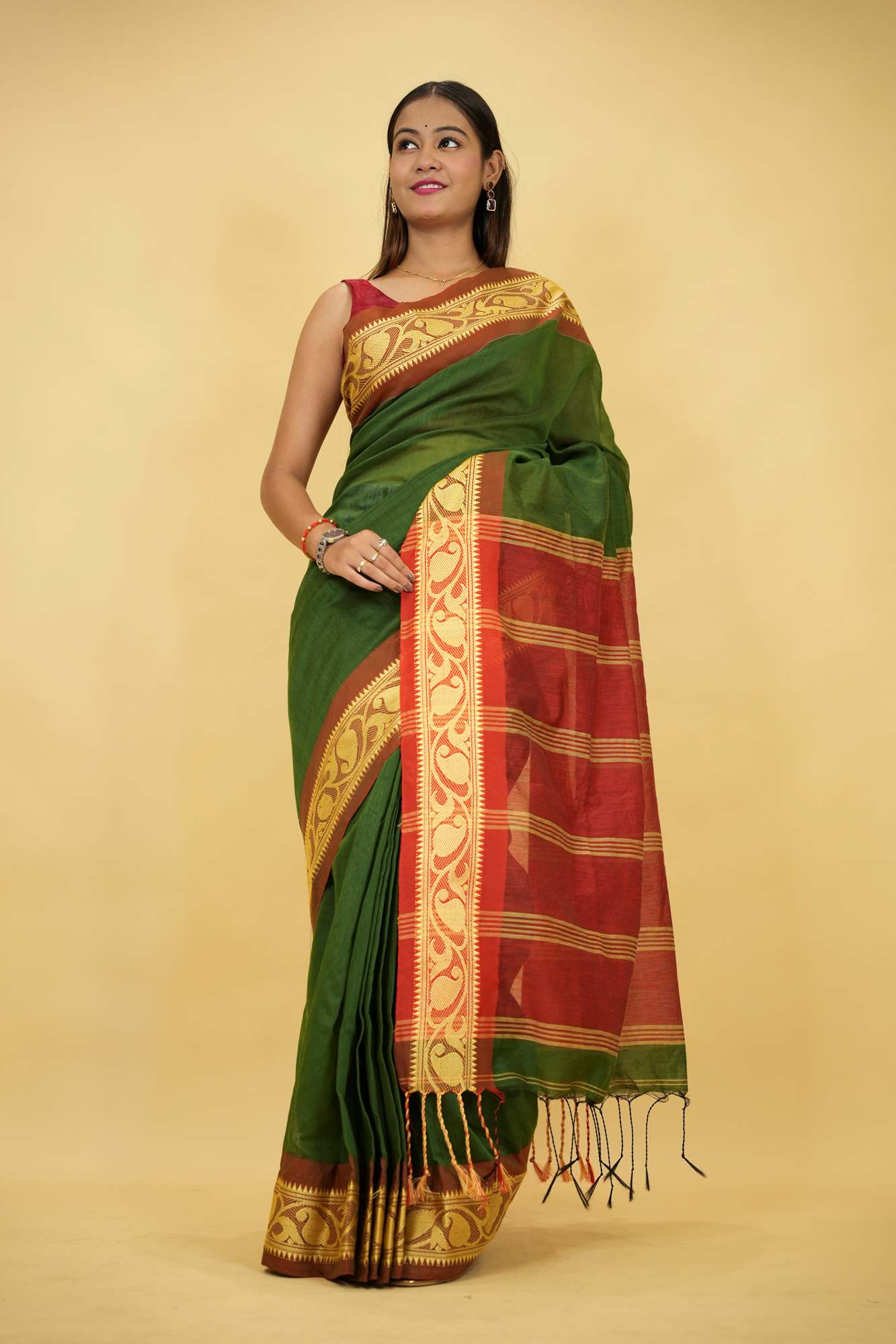 Green Cotton Silk with Red Zari Border & Striped Pallu Ready To Wear Saree