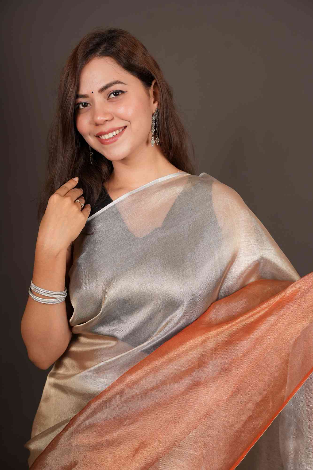 Dual Tone greyish orange sunset tissue silk prestitched saree