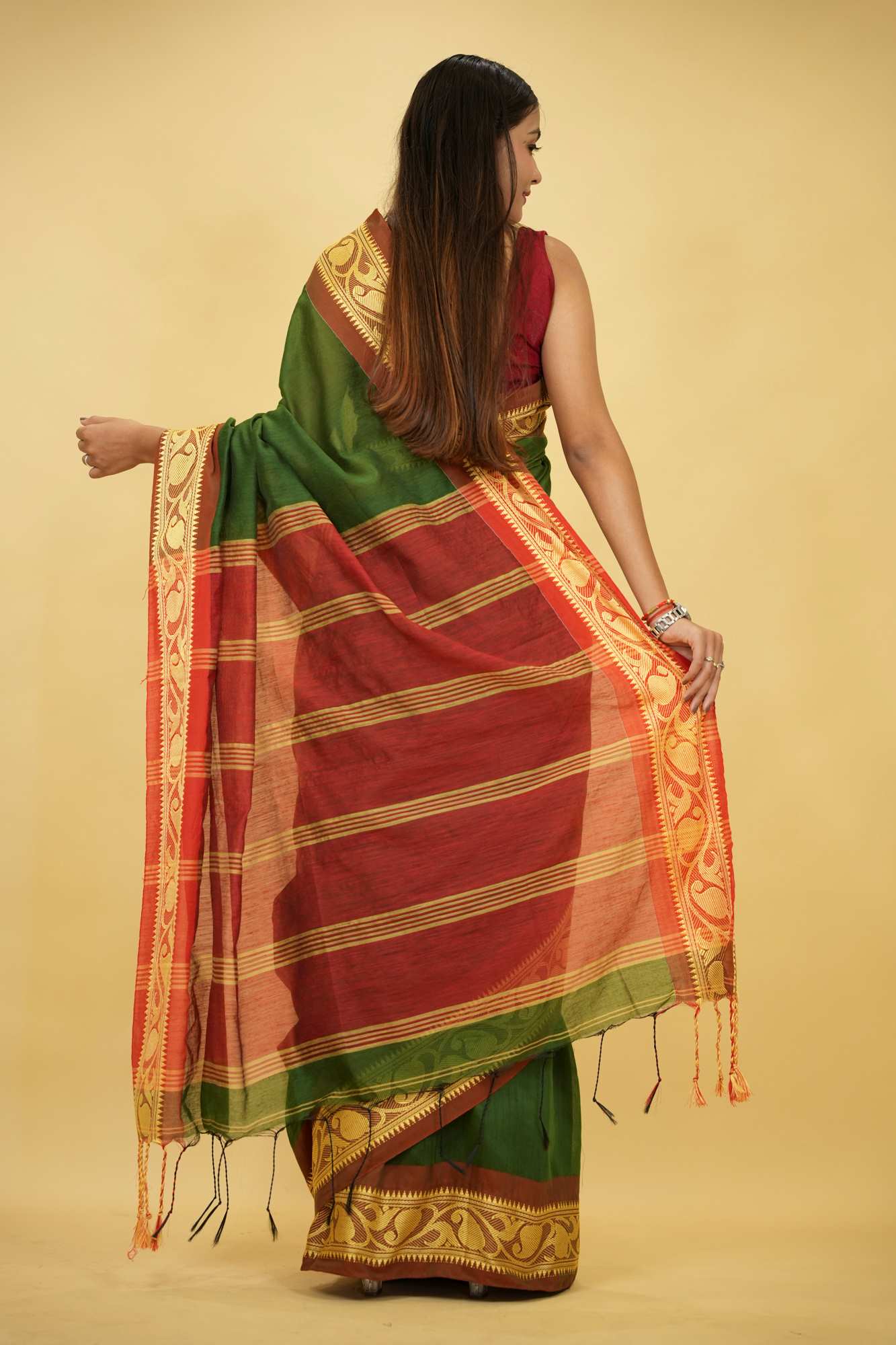Green Cotton Silk with Red Zari Border & Striped Pallu Ready To Wear Saree