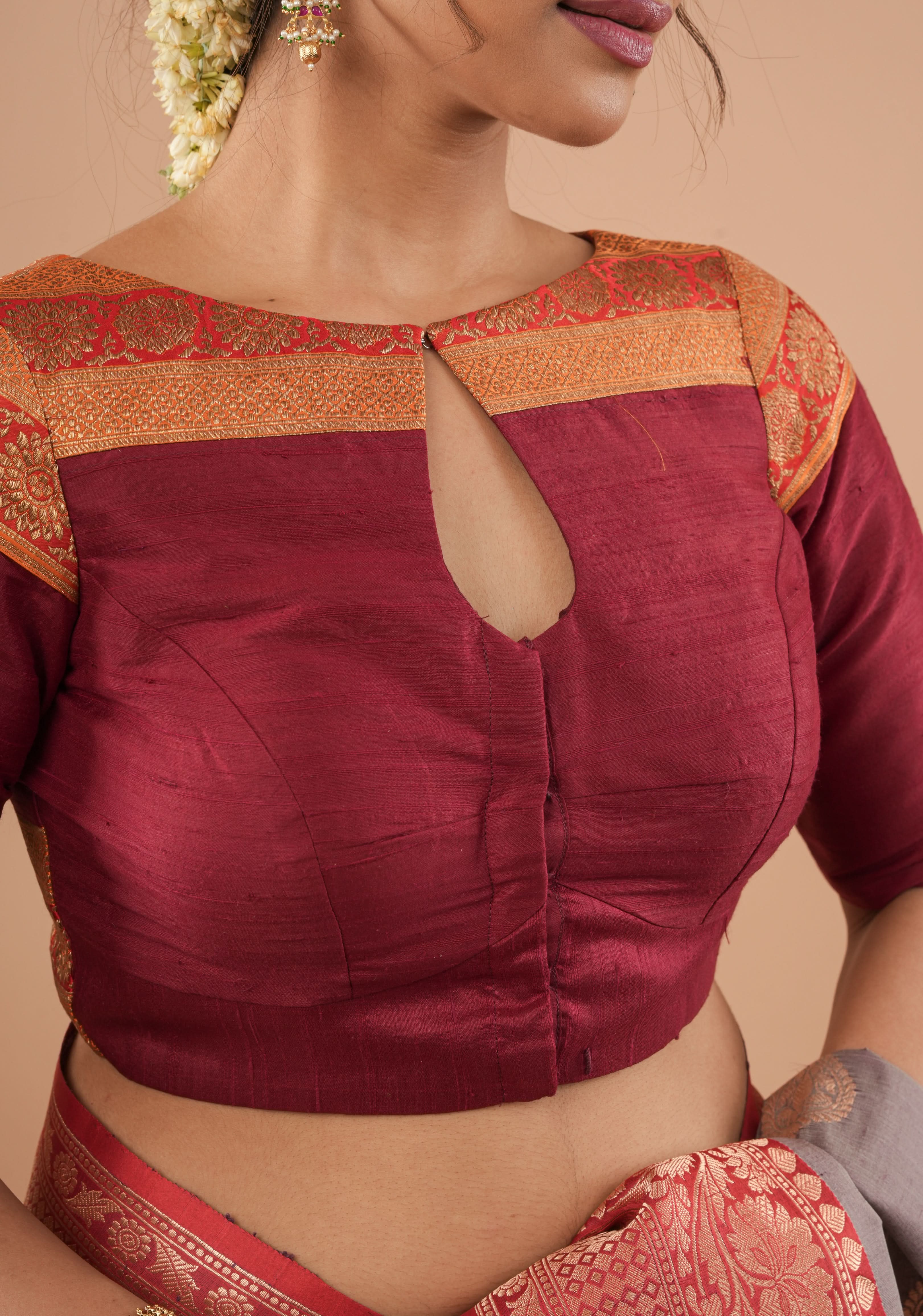 Maroon Pure Raw Silk Blouse With Antique Tone Zari Panel, Customizable, Made to Order | Shobitam