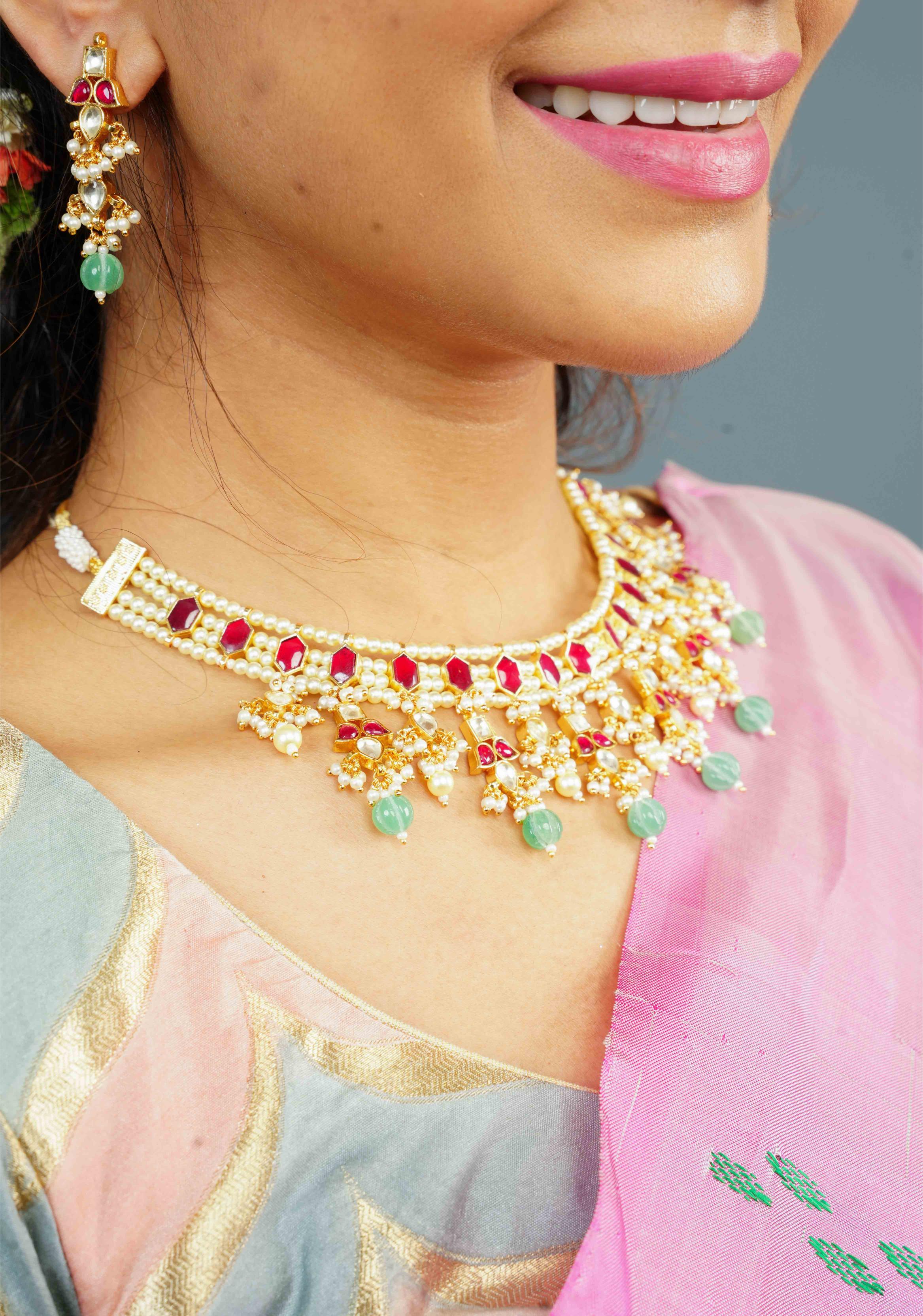 Red stone Necklale Set with dangling Beads | Shobitam Jewelry