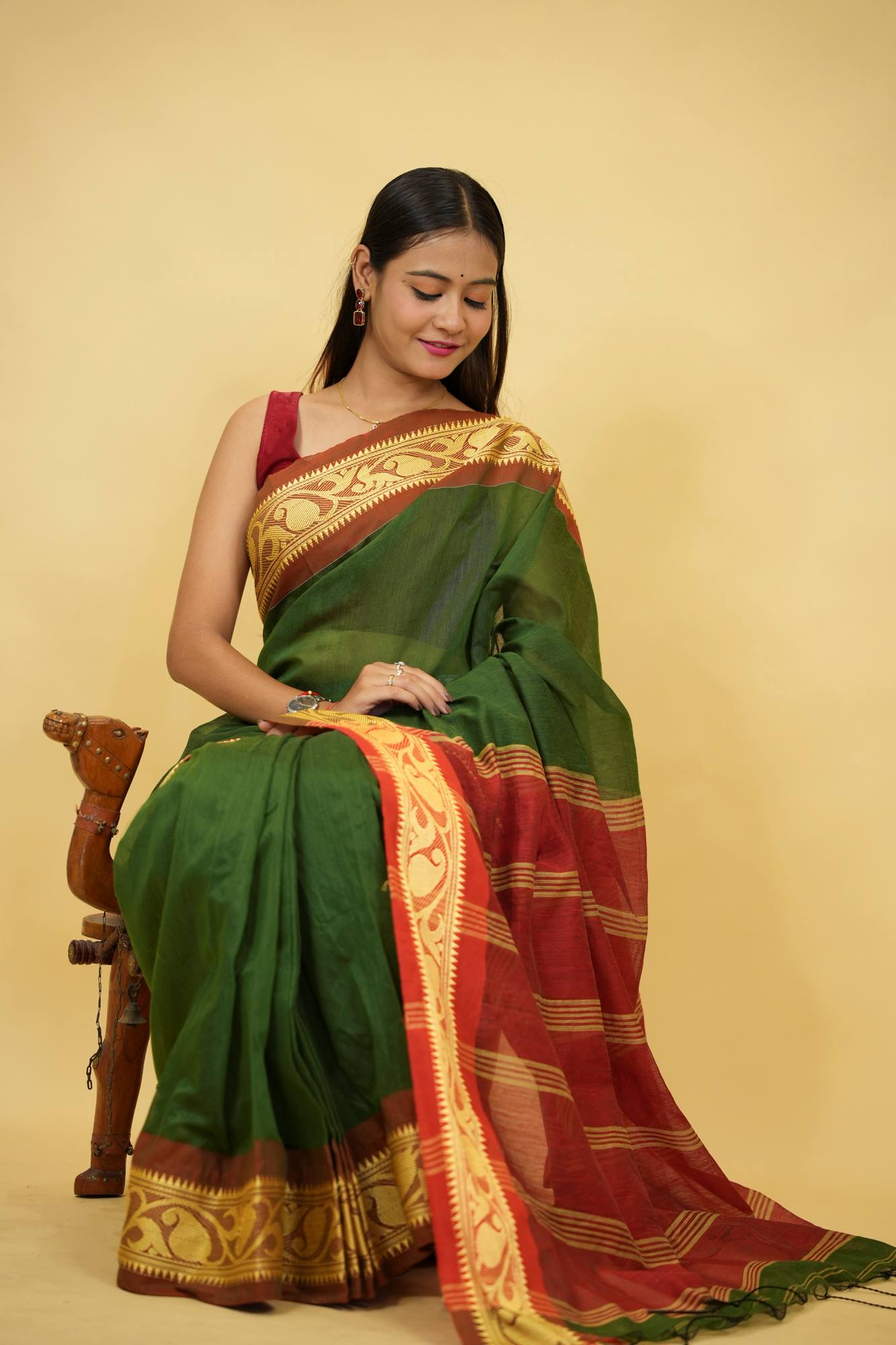 Green Cotton Silk with Red Zari Border & Striped Pallu Ready To Wear Saree