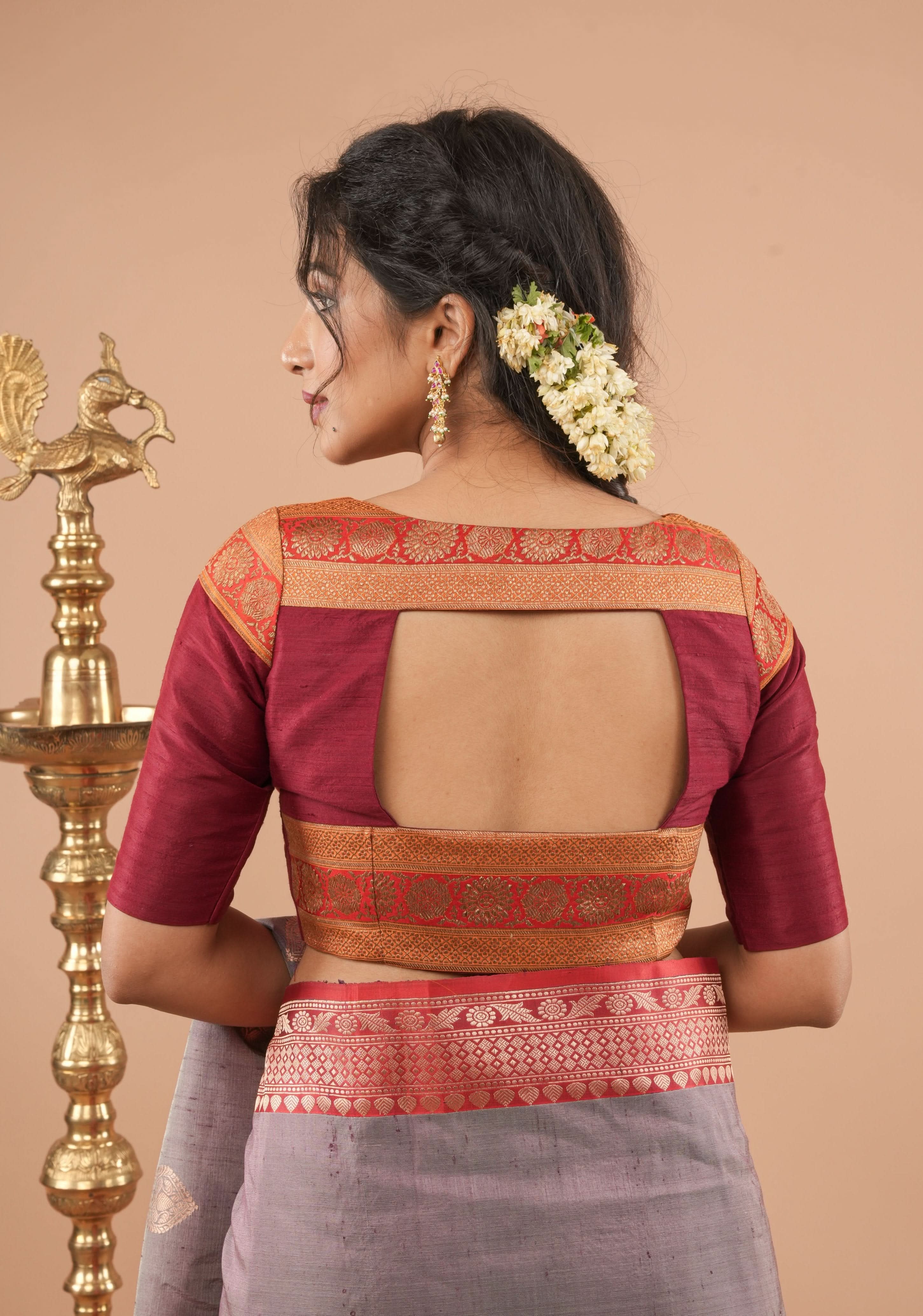 Maroon Pure Raw Silk Blouse With Antique Tone Zari Panel, Customizable, Made to Order | Shobitam