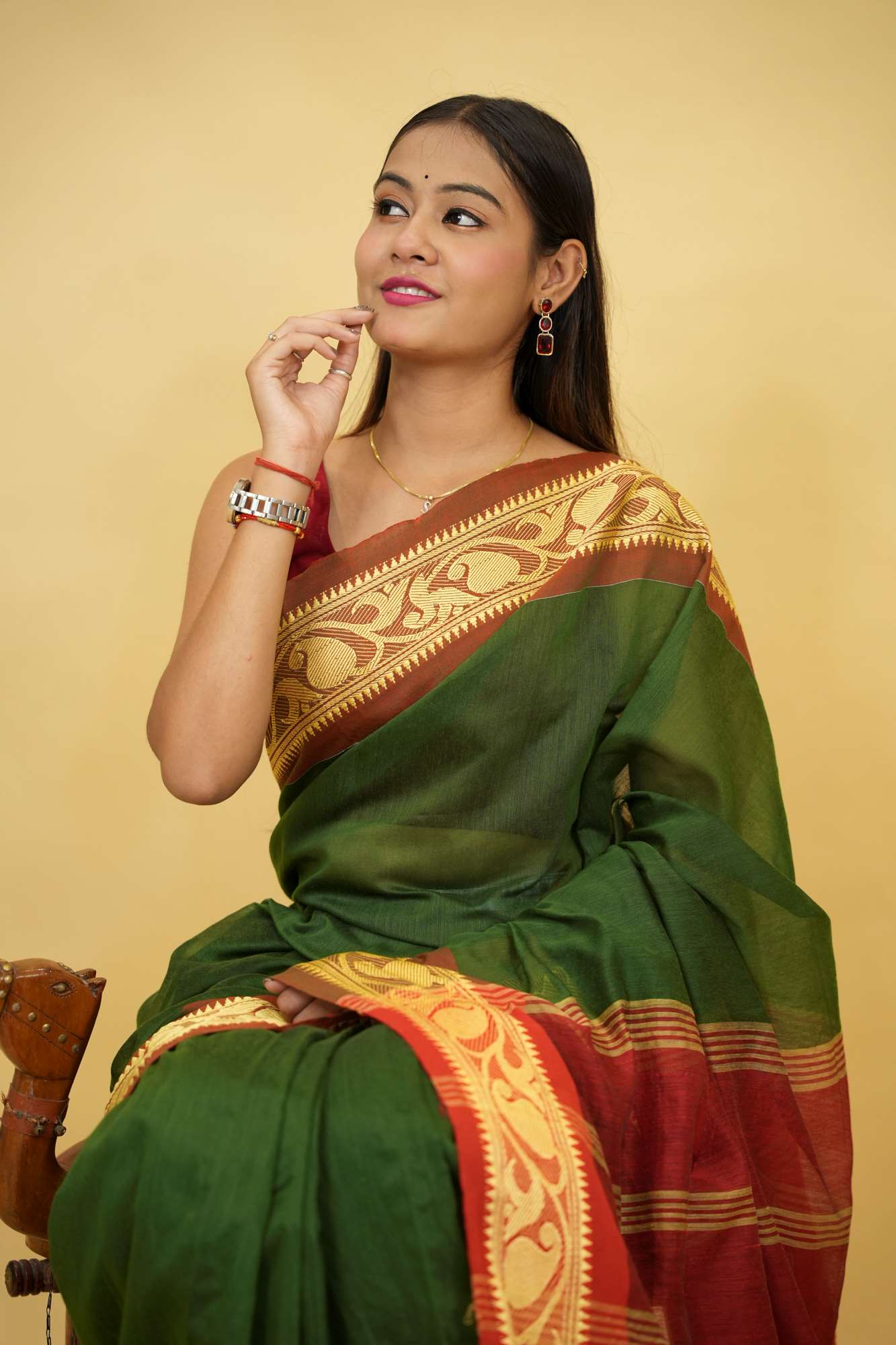 Green Cotton Silk with Red Zari Border & Striped Pallu Ready To Wear Saree