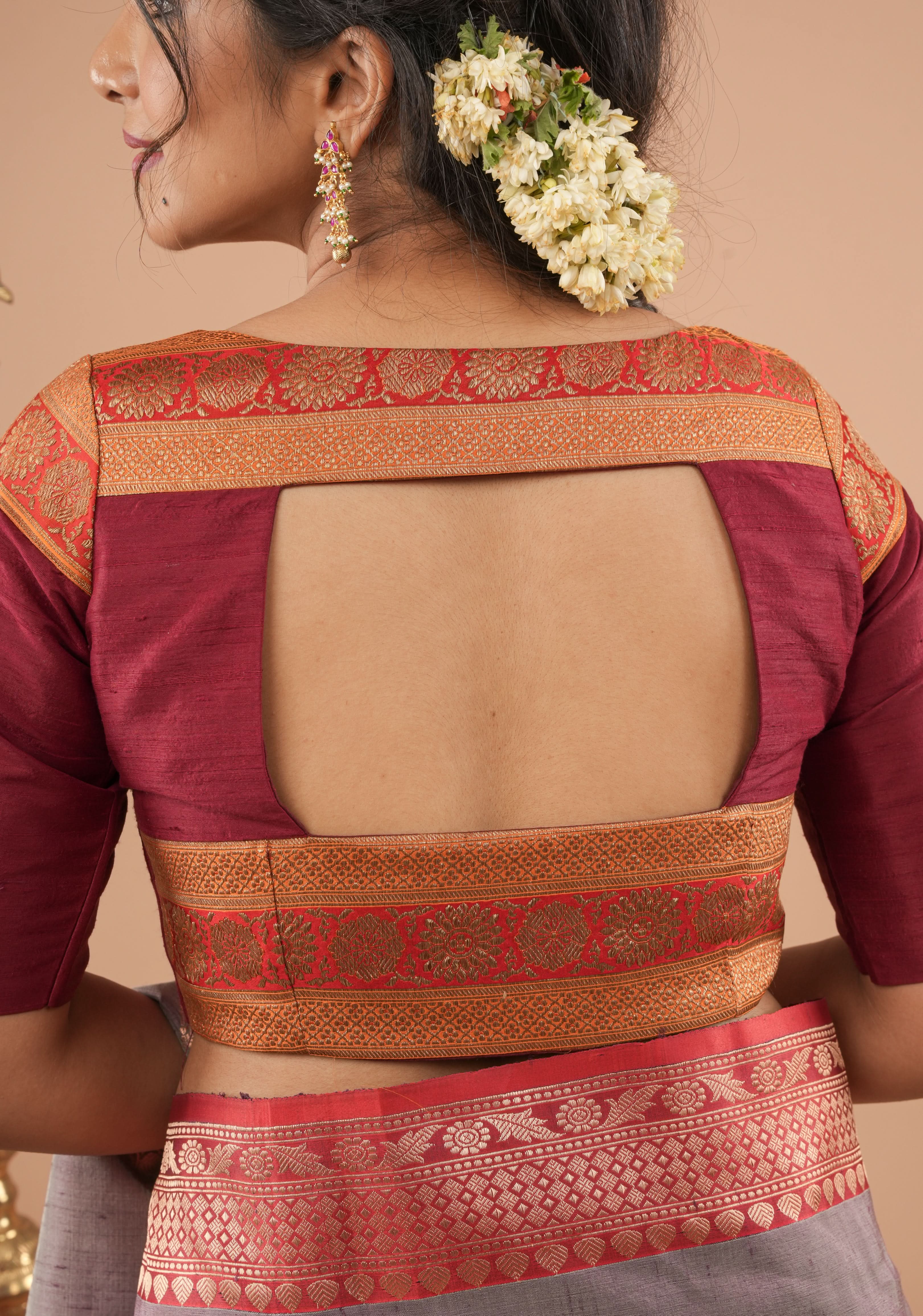 Maroon Pure Raw Silk Blouse With Antique Tone Zari Panel, Customizable, Made to Order | Shobitam
