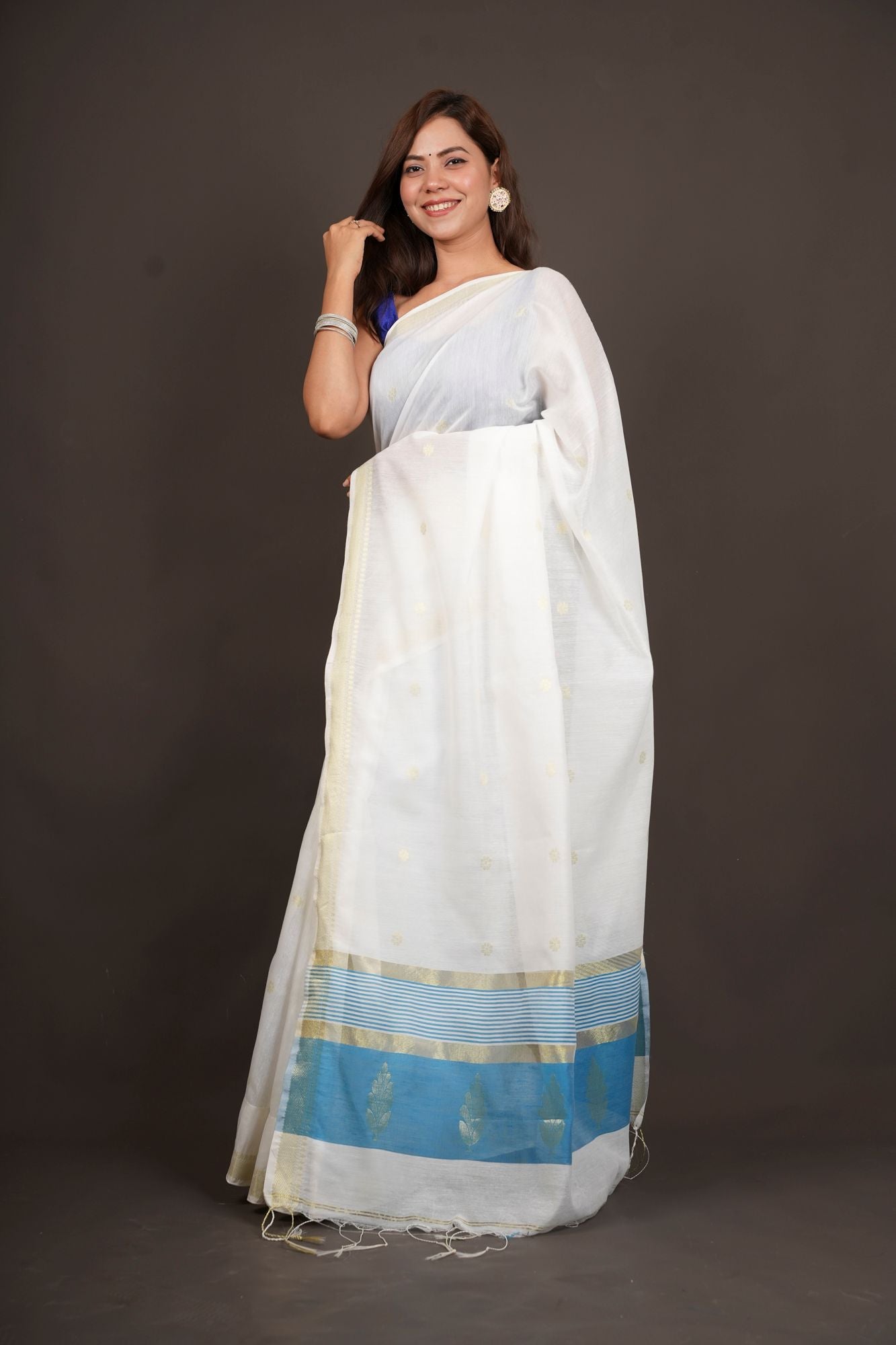 Madurai Soft Cotton with Anchal Zari Work Contrast Blue Pallu Ready To Wear Saree