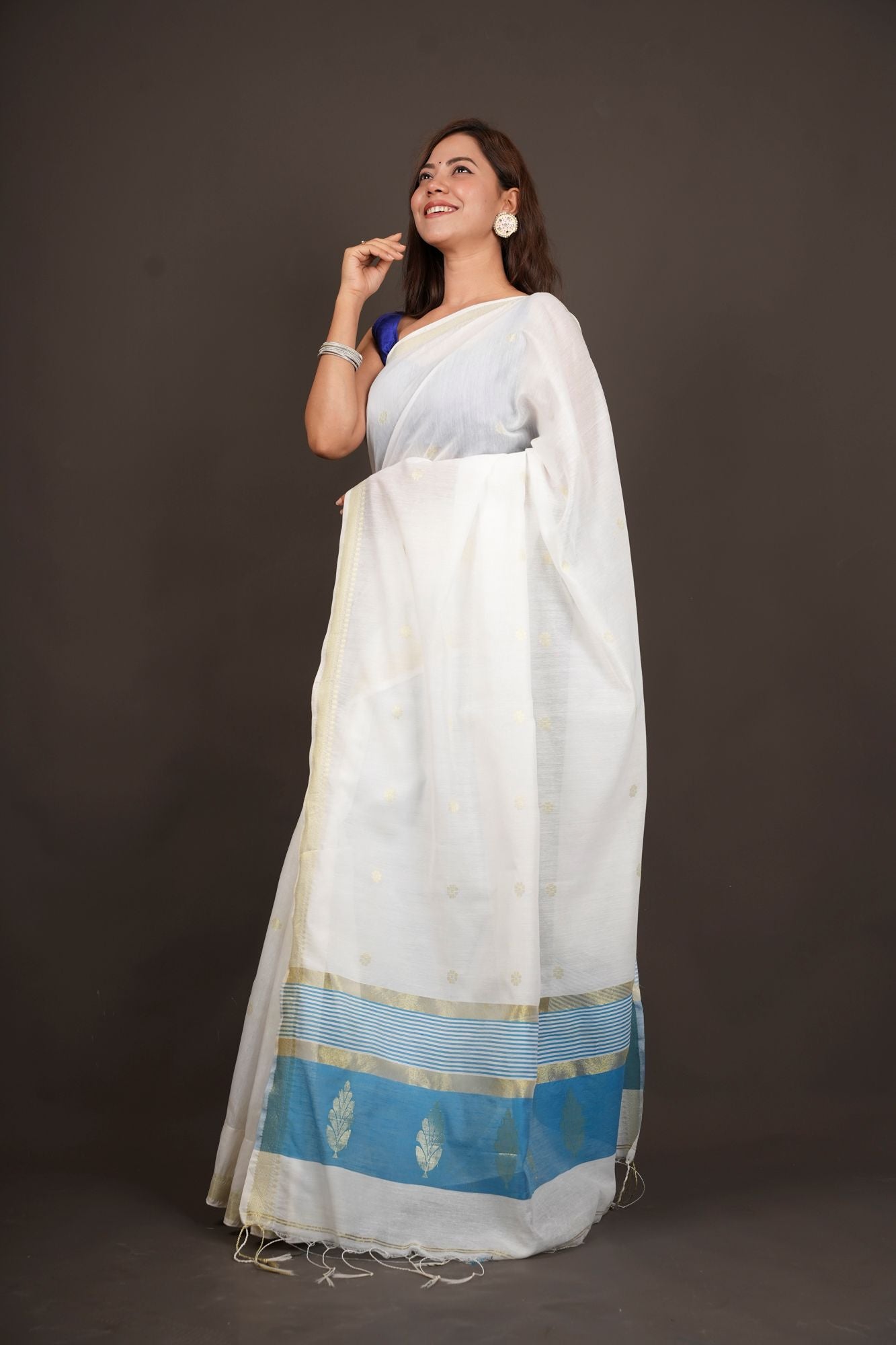 Madurai Soft Cotton with Anchal Zari Work Contrast Blue Pallu Ready To Wear Saree