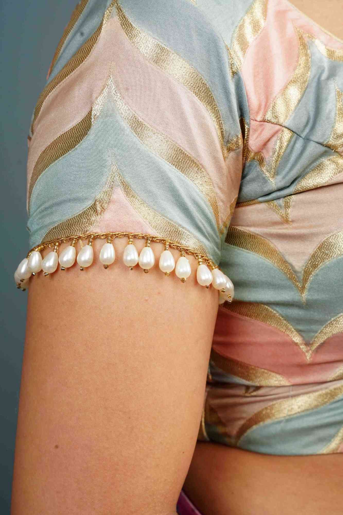Banarasi Blouse in Gray Pink rangkaat designin pastel hues with beaded back detailing, Customizable, Made to Order