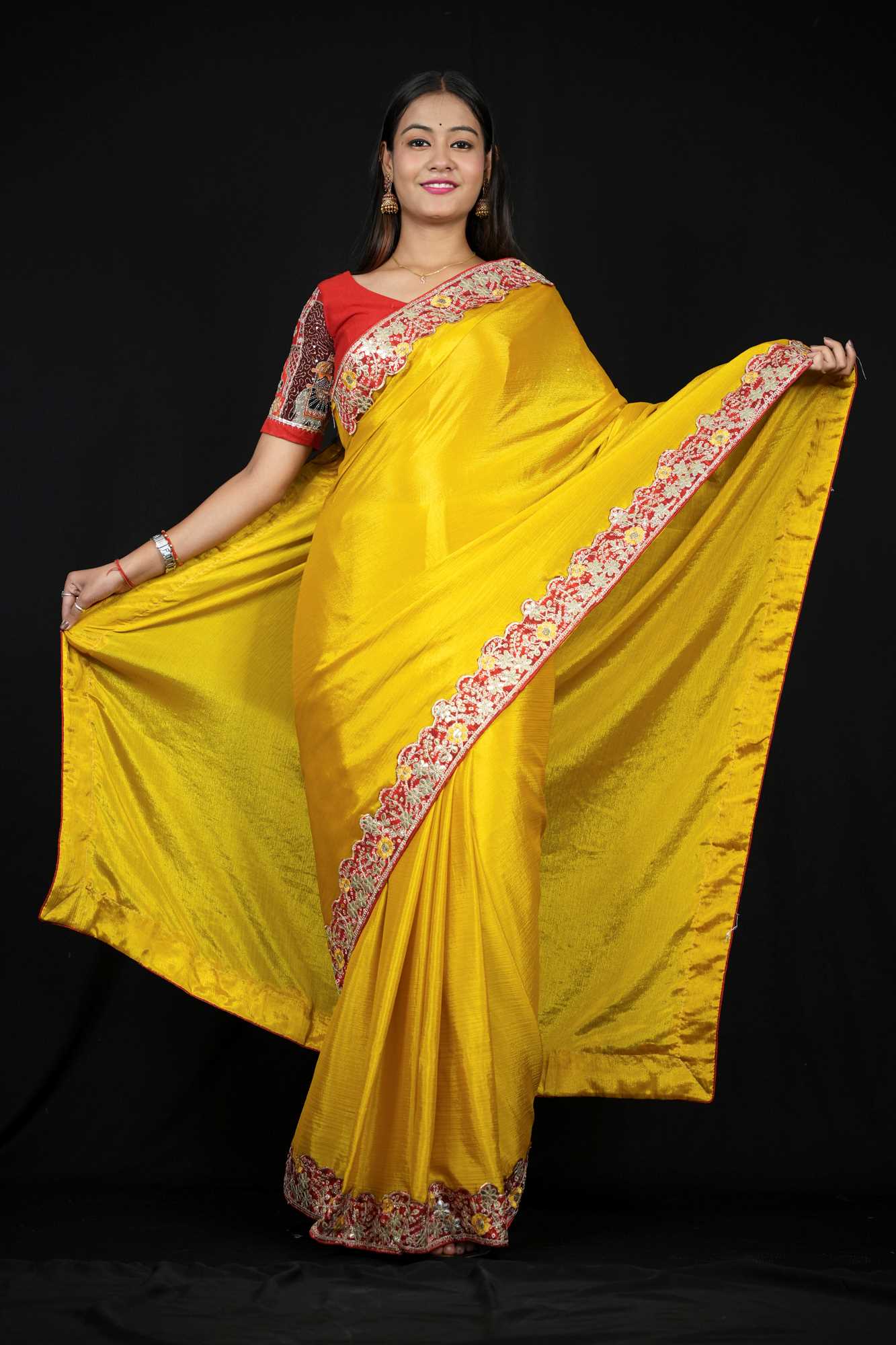 Chinon Silk with Red Border and Bandhej border with Gota Patti Ready To Wear Saree