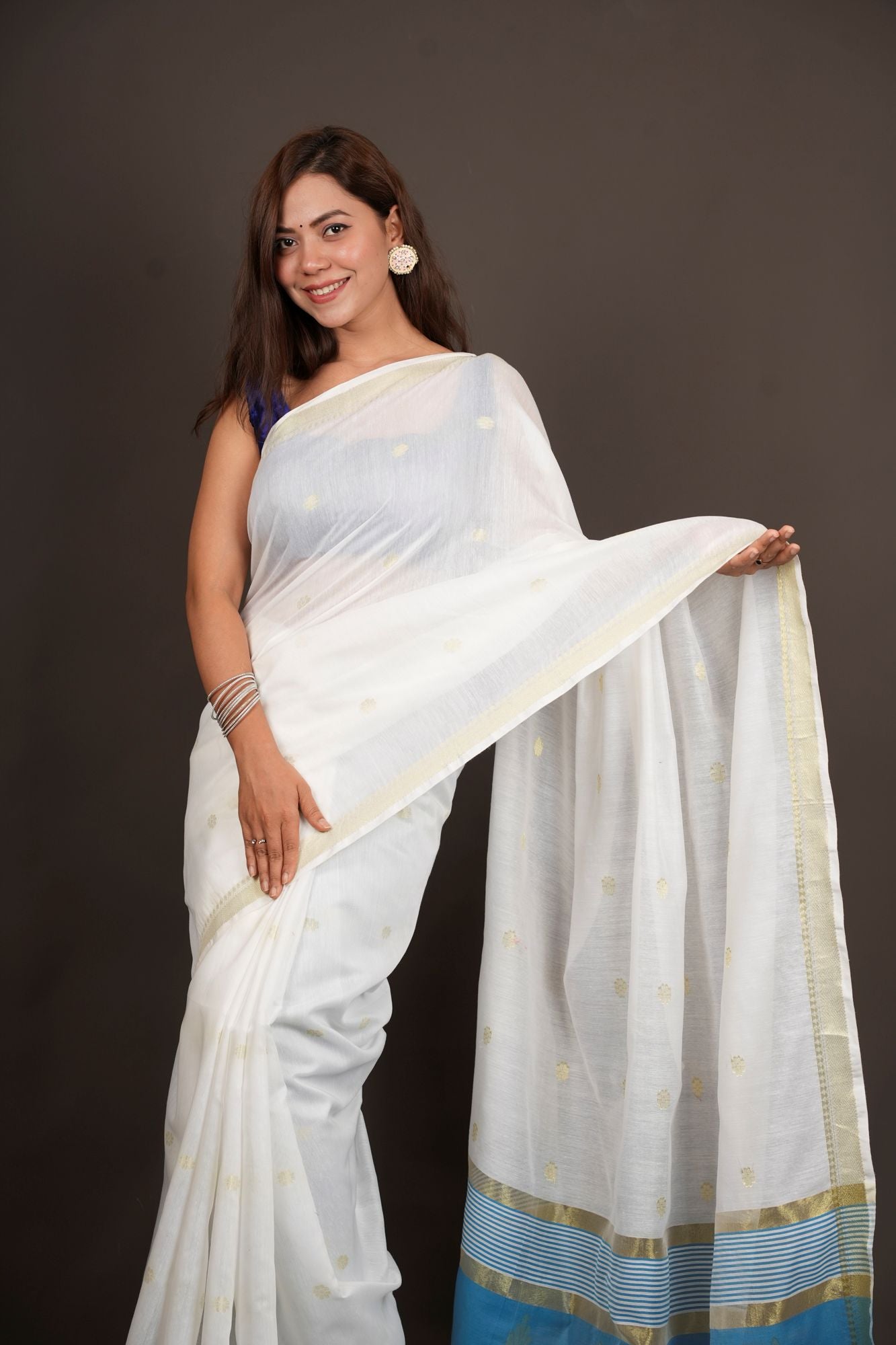 Madurai Soft Cotton with Anchal Zari Work Contrast Blue Pallu Ready To Wear Saree