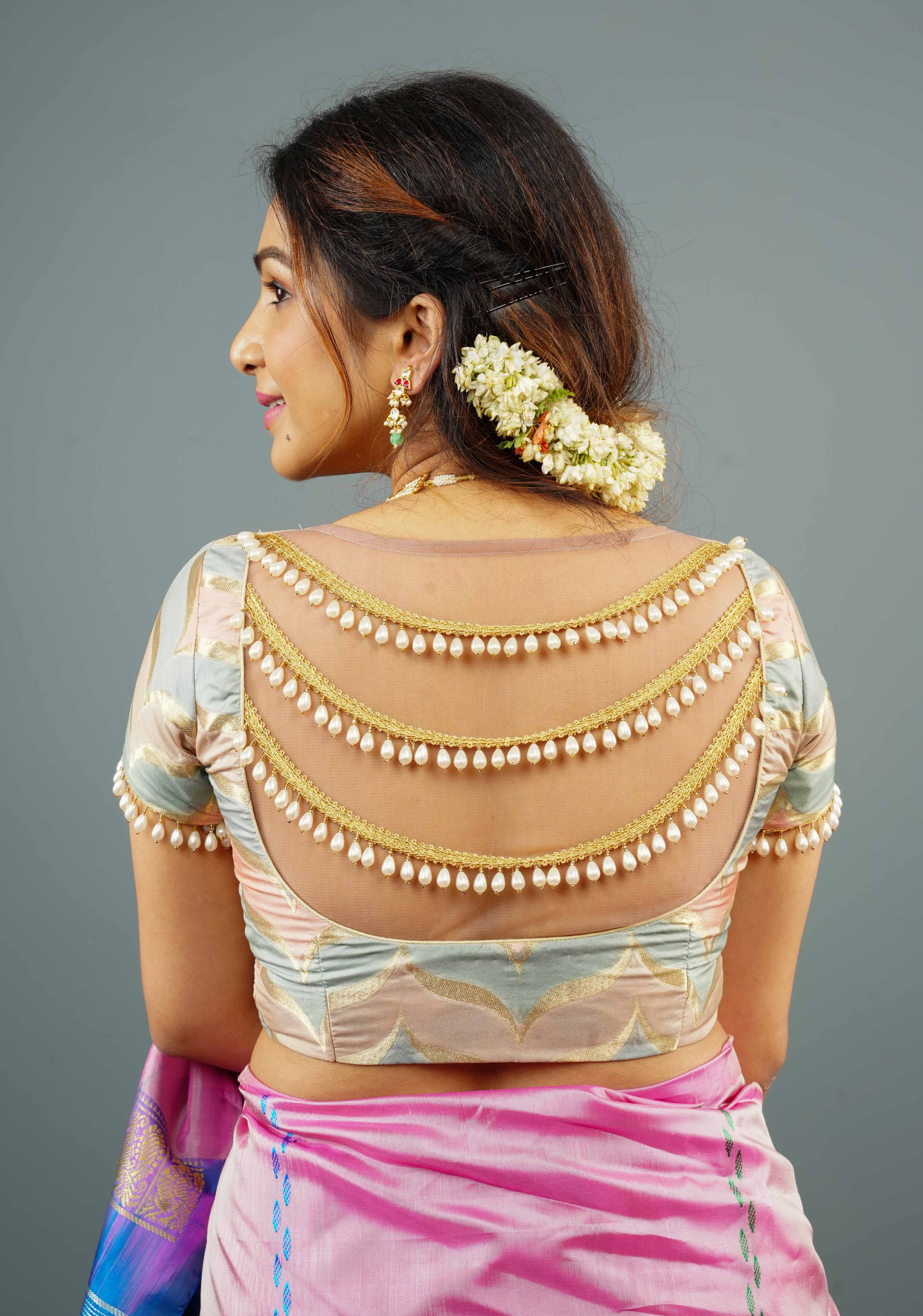 Banarasi Blouse in Gray Pink rangkaat designin pastel hues with beaded back detailing, Customizable, Made to Order | SHOBITAM