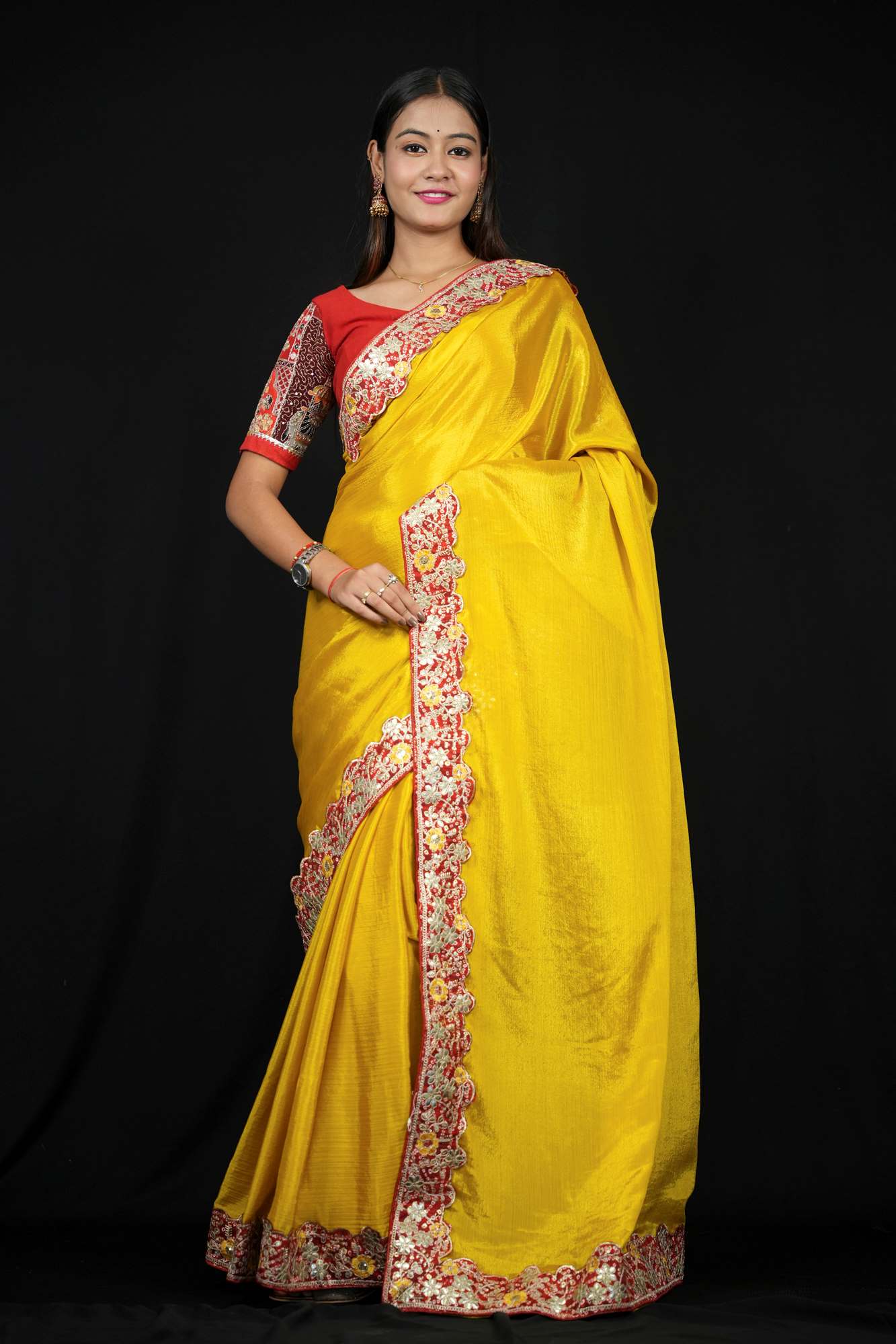Chinon Silk with Red Border and Bandhej border with Gota Patti Ready To Wear Saree