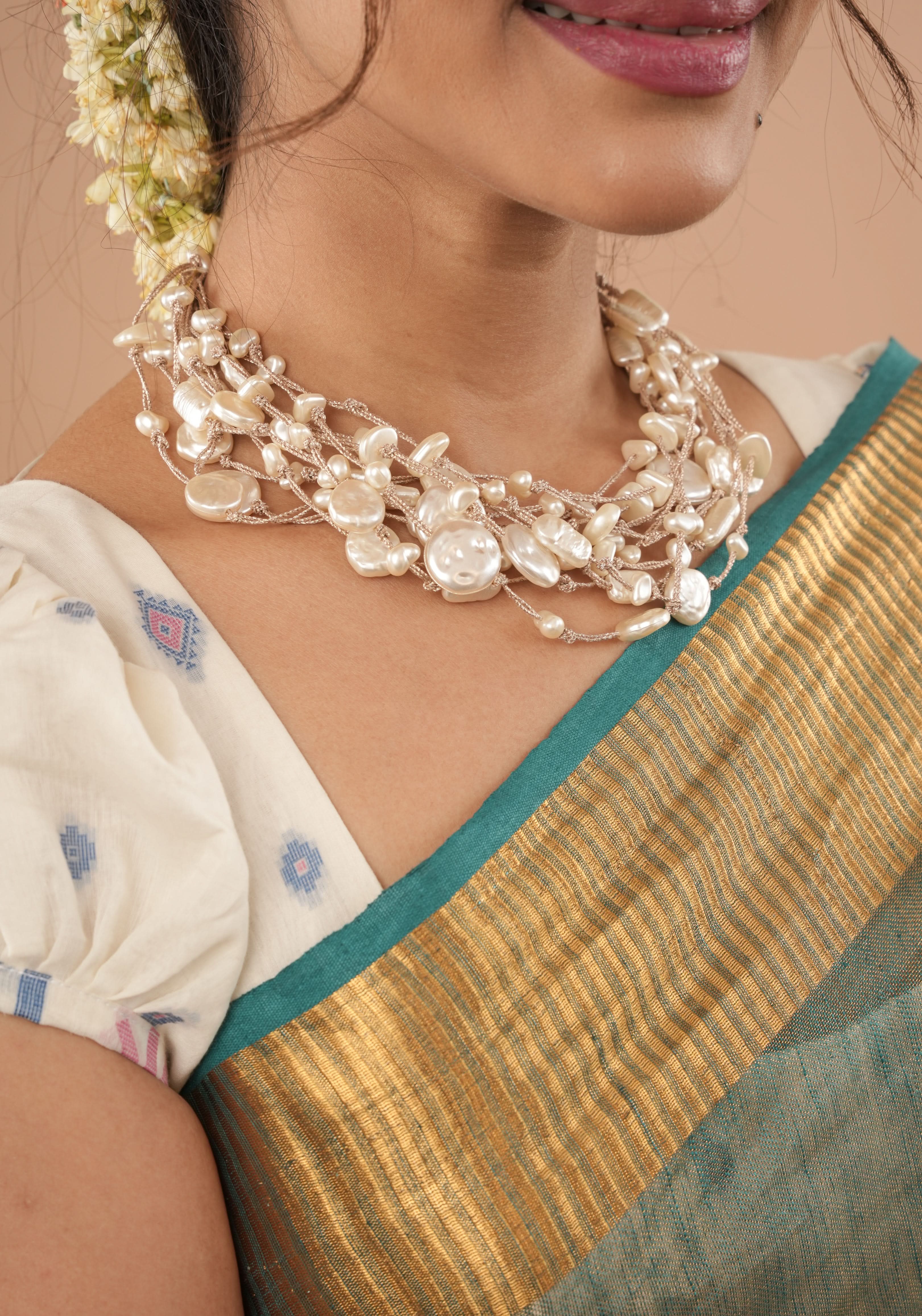 Baroque pearls multistrand contemporary necklace in Ivory, no earrings | Shobitam