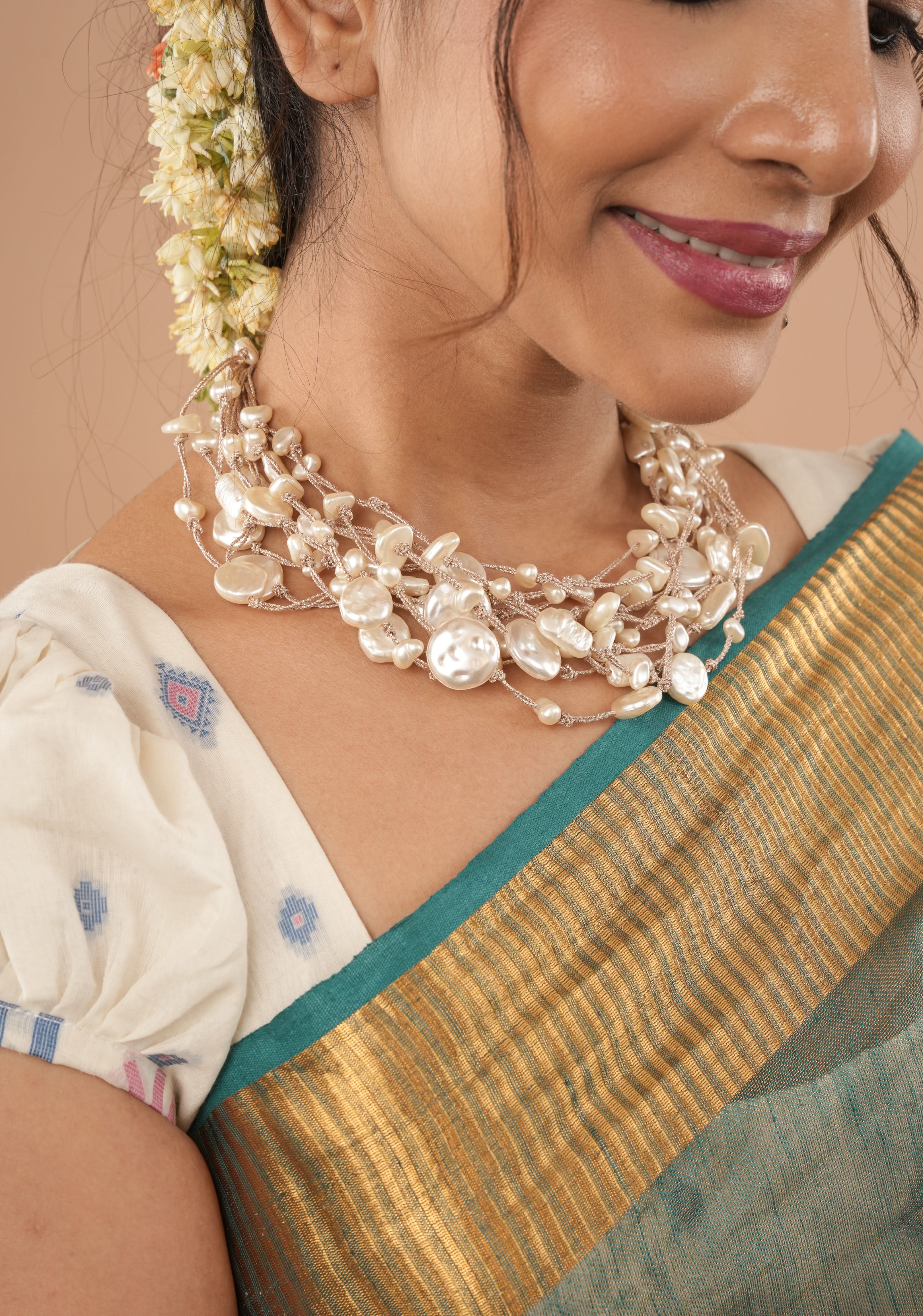 Baroque pearls multistrand contemporary necklace in Ivory, no earrings | Shobitam