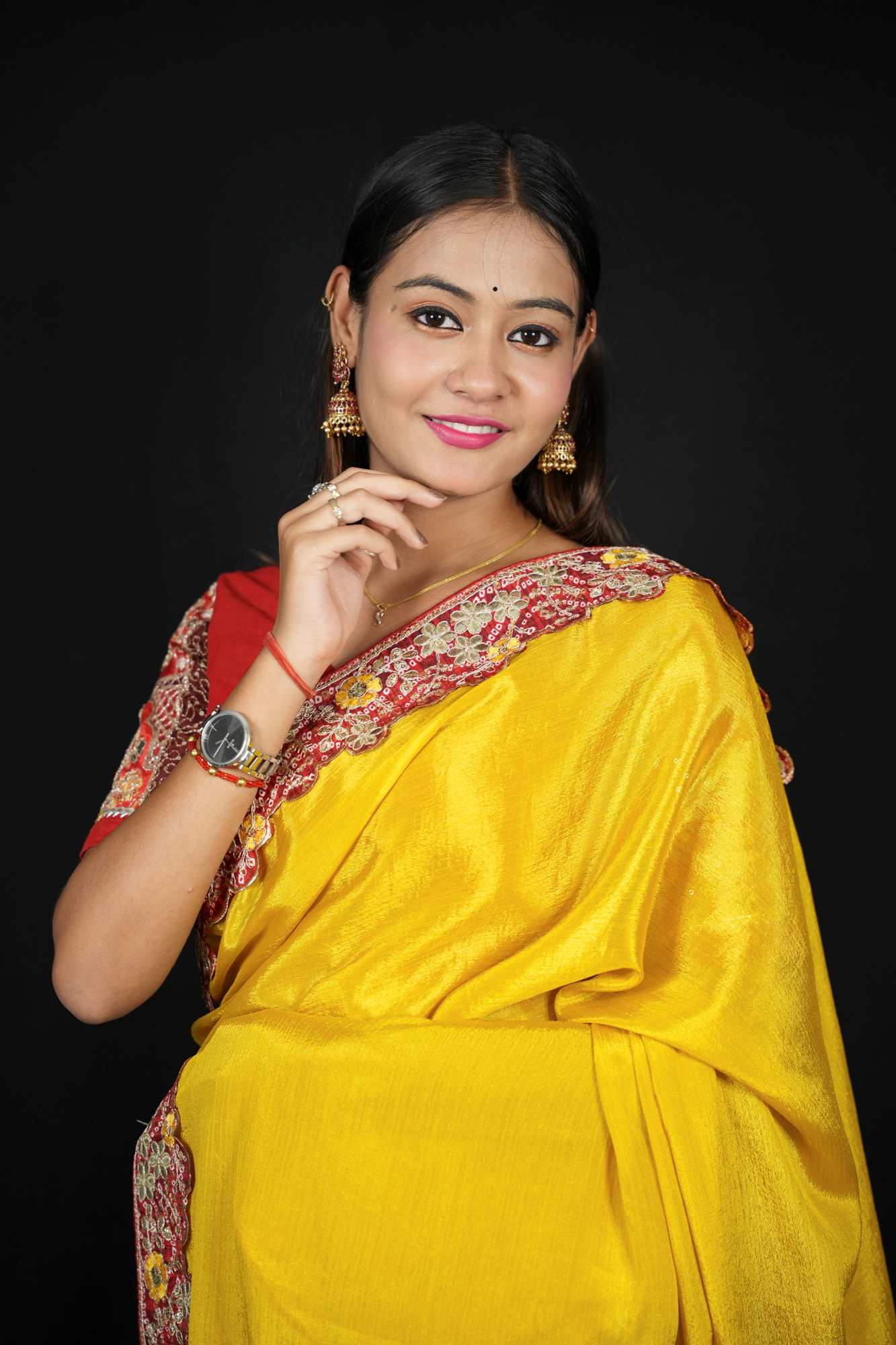 Chinon Silk with Red Border and Bandhej border with Gota Patti Ready To Wear Saree