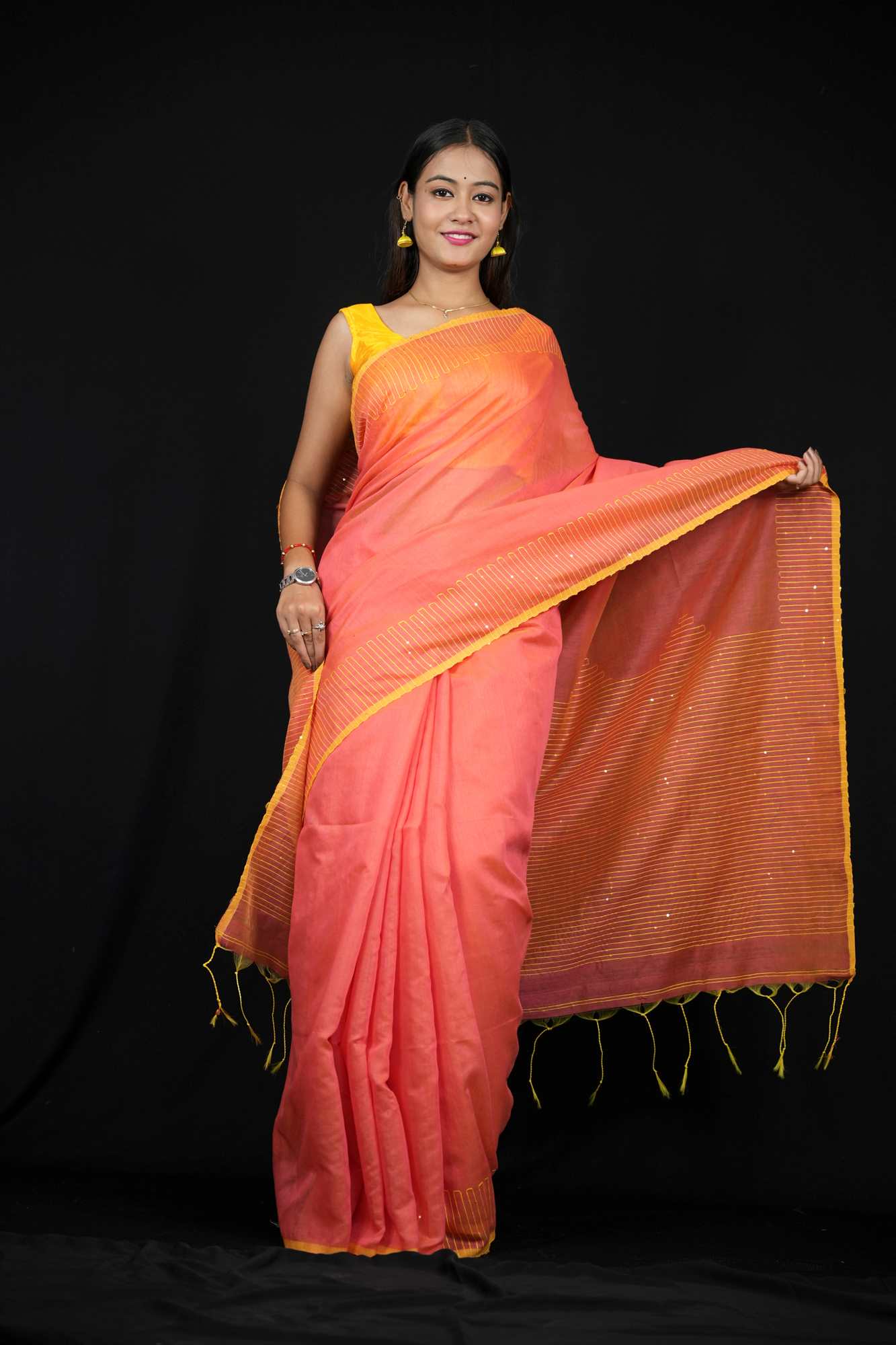 Peach & Yellow Cotton with Subtle Thread Work and Tassel Detailing Ready To wear Saree