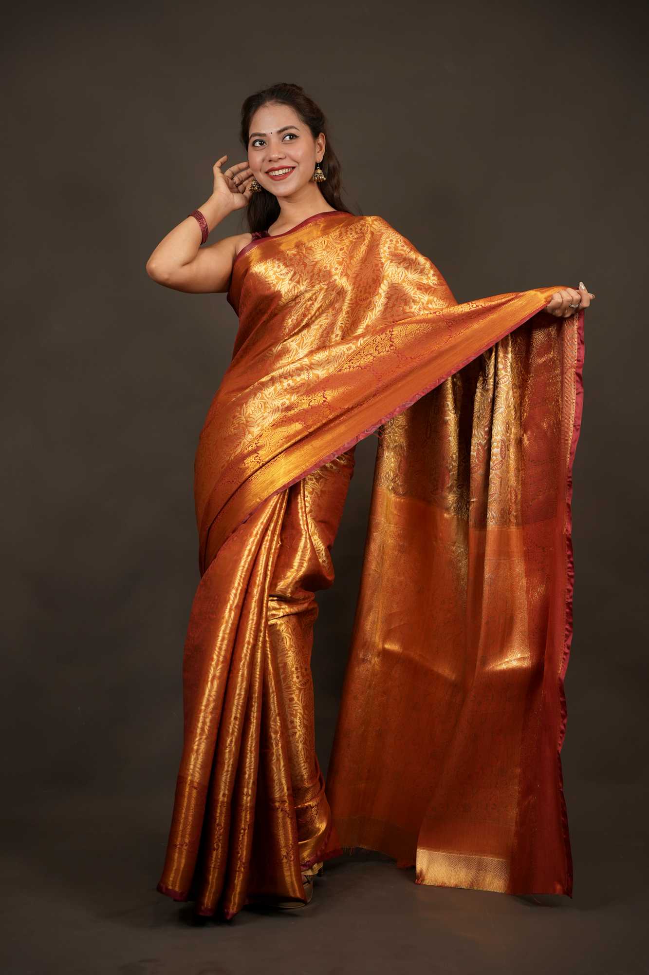 Kanjivaram Burnt Copper Gold with Intricate Zari Weave Ready to wear Saree