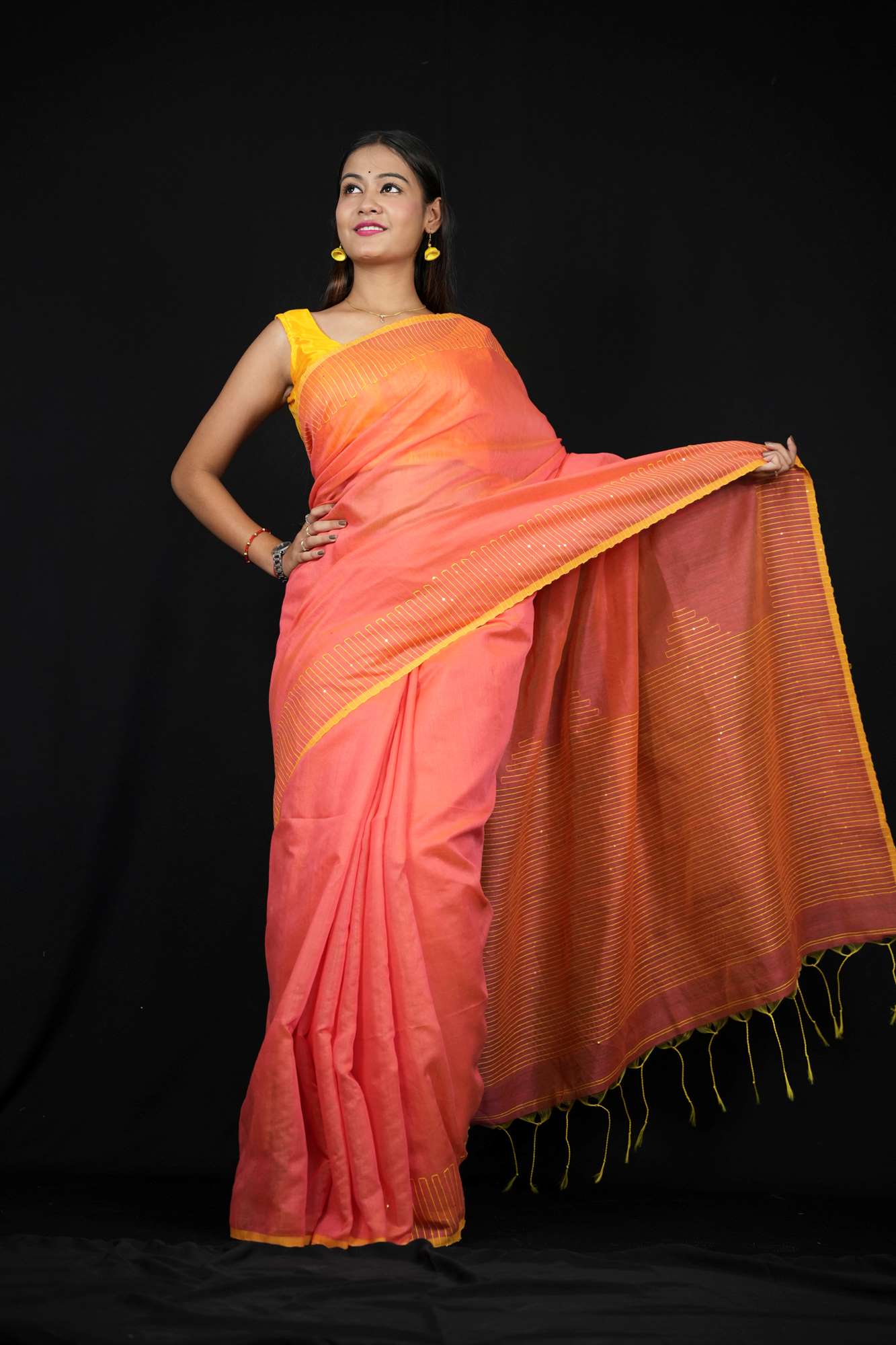 Peach & Yellow Cotton with Subtle Thread Work and Tassel Detailing Ready To wear Saree