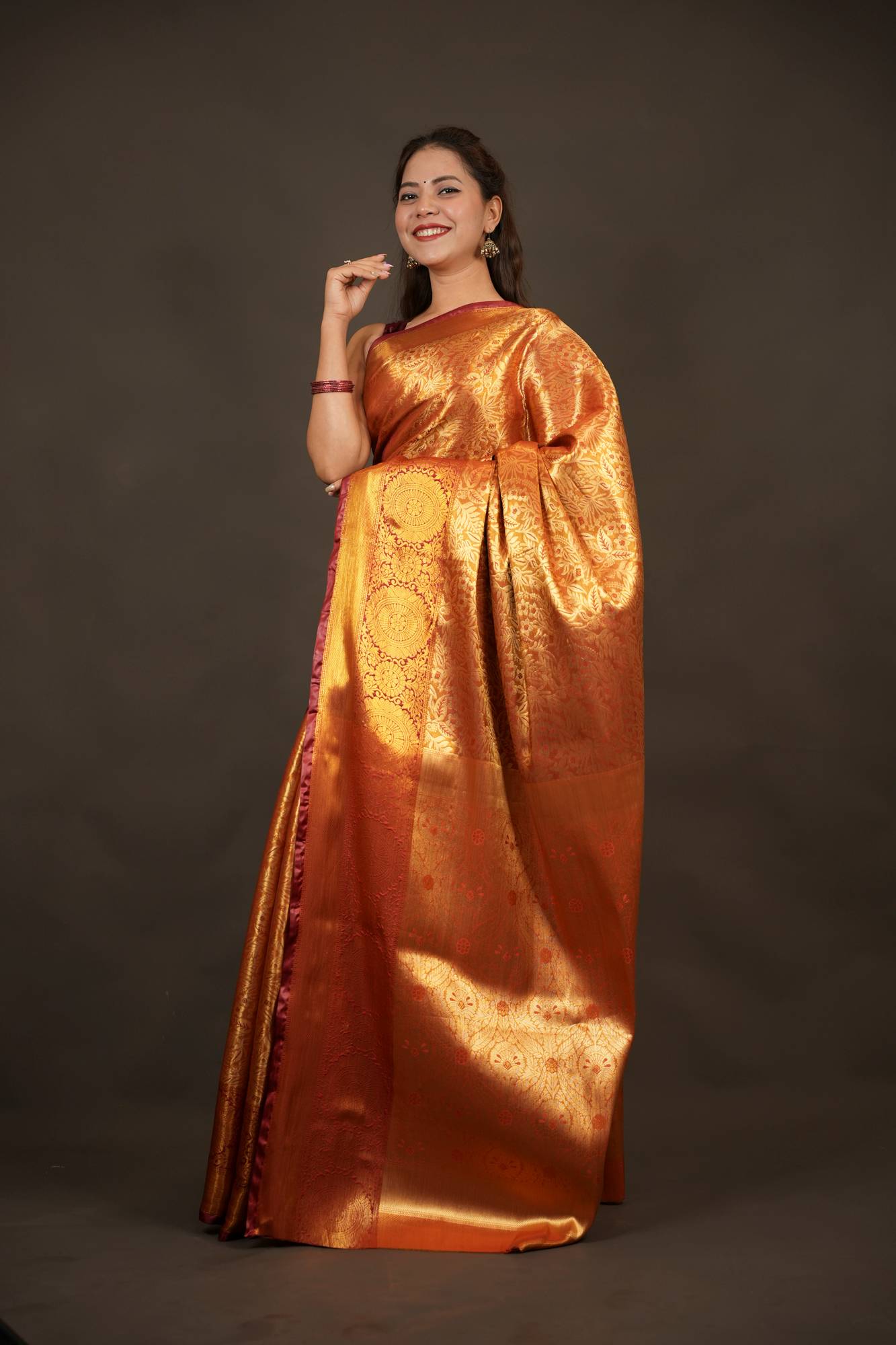 Kanjivaram Burnt Copper Gold with Intricate Zari Weave Ready to wear Saree