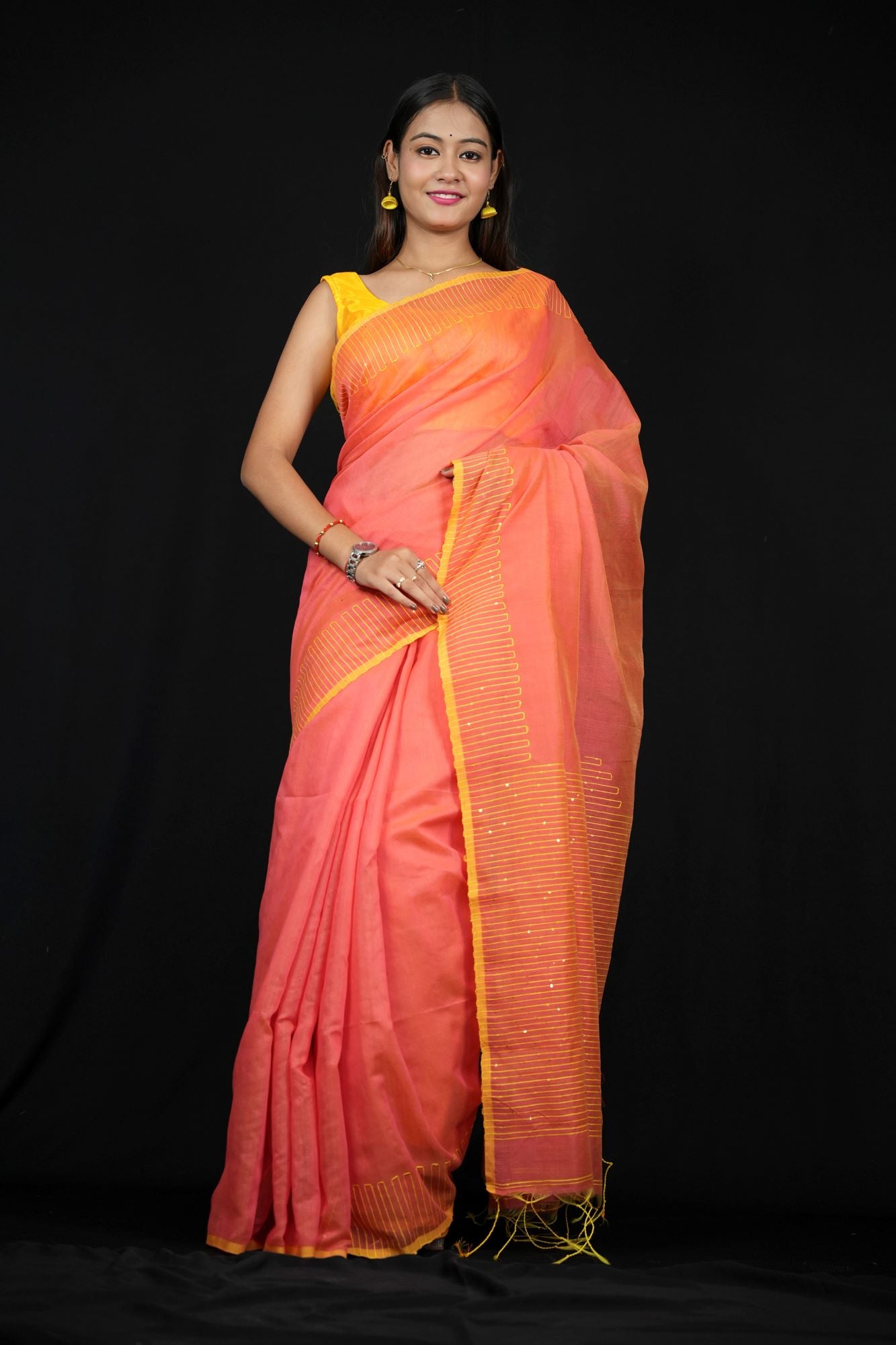 Peach & Yellow Cotton with Subtle Thread Work and Tassel Detailing Ready To wear Saree