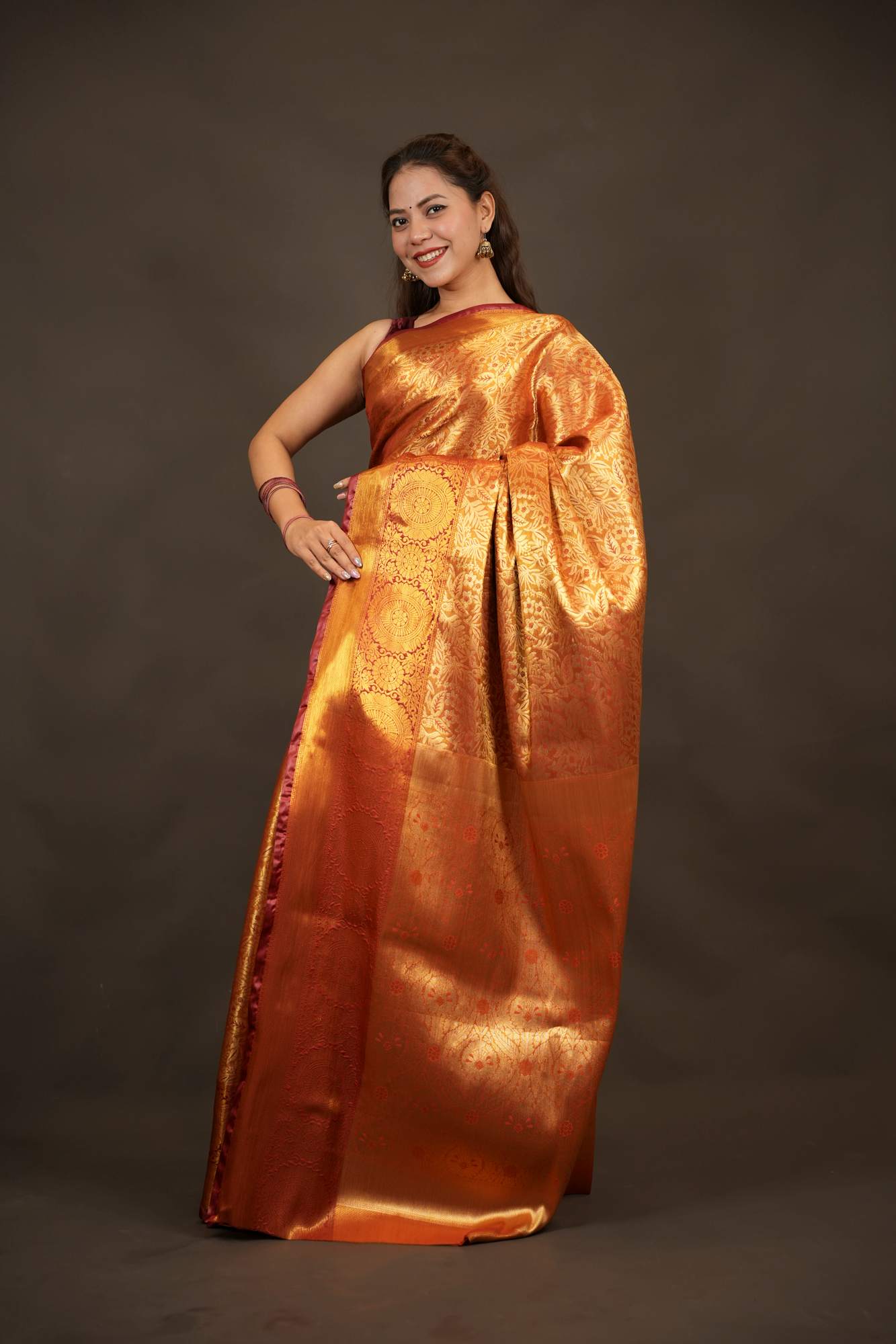 Kanjivaram Burnt Copper Gold with Intricate Zari Weave Ready to wear Saree