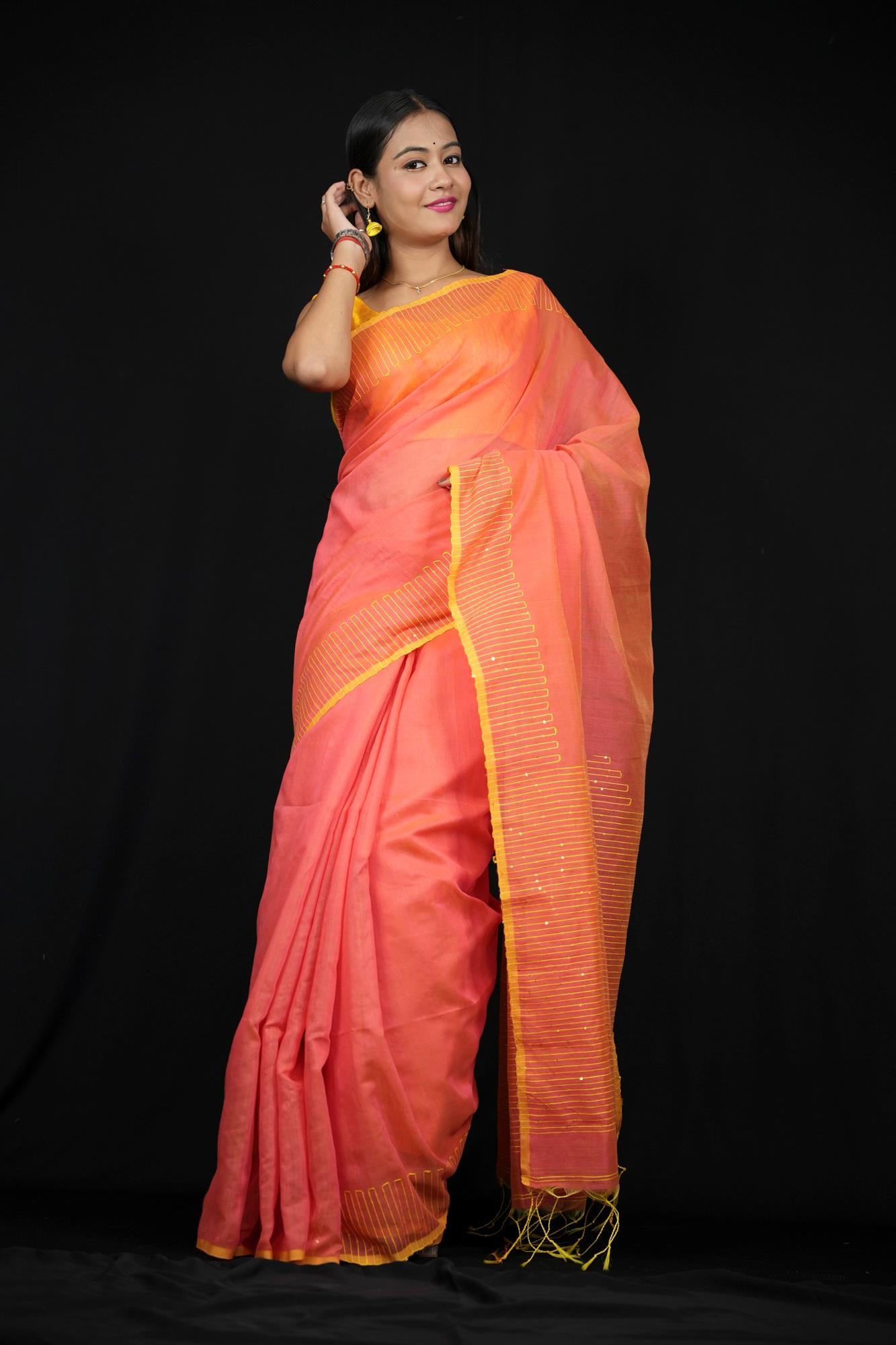 Peach & Yellow Cotton with Subtle Thread Work and Tassel Detailing Ready To wear Saree
