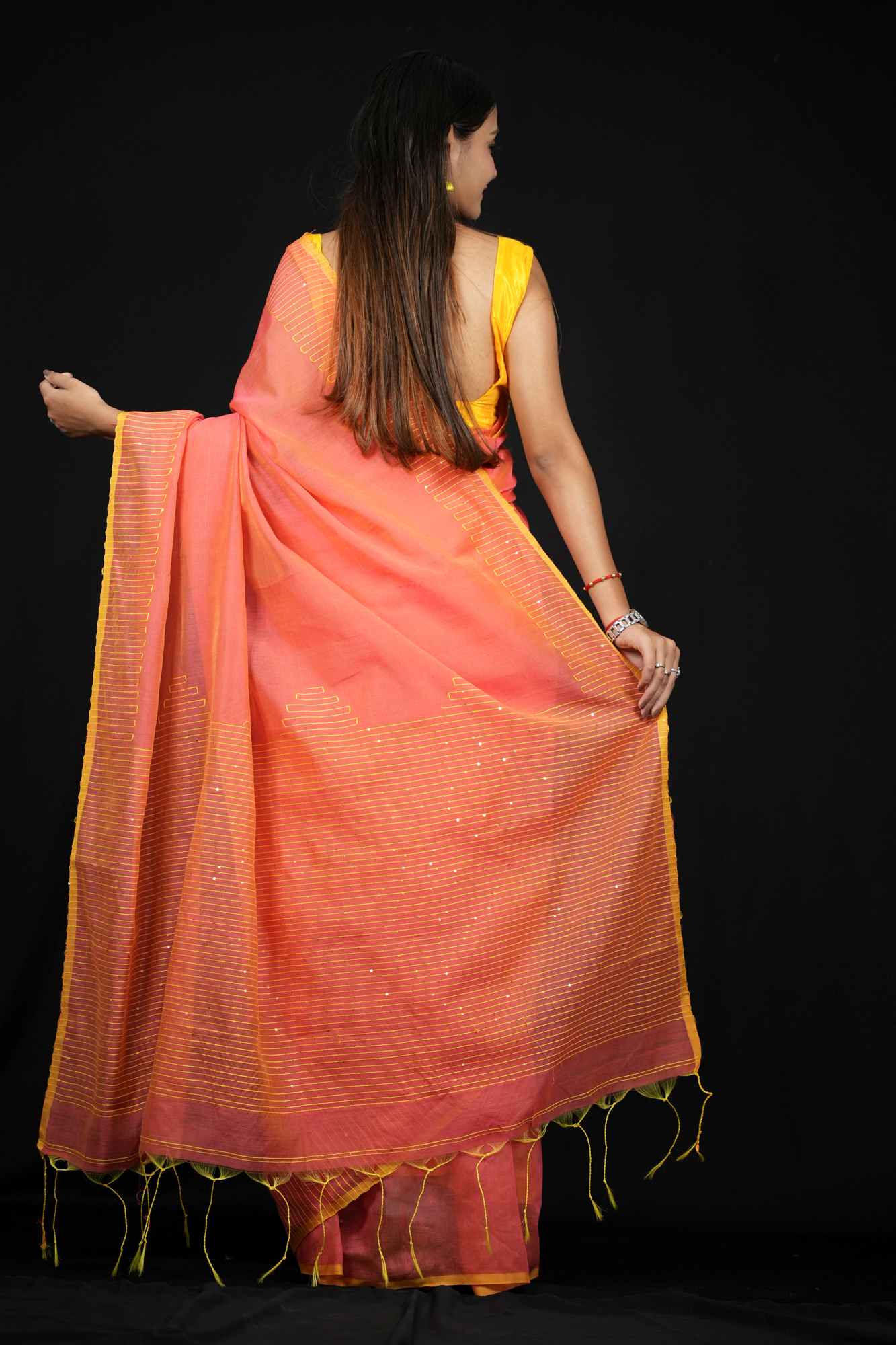 Peach & Yellow Cotton with Subtle Thread Work and Tassel Detailing Ready To wear Saree