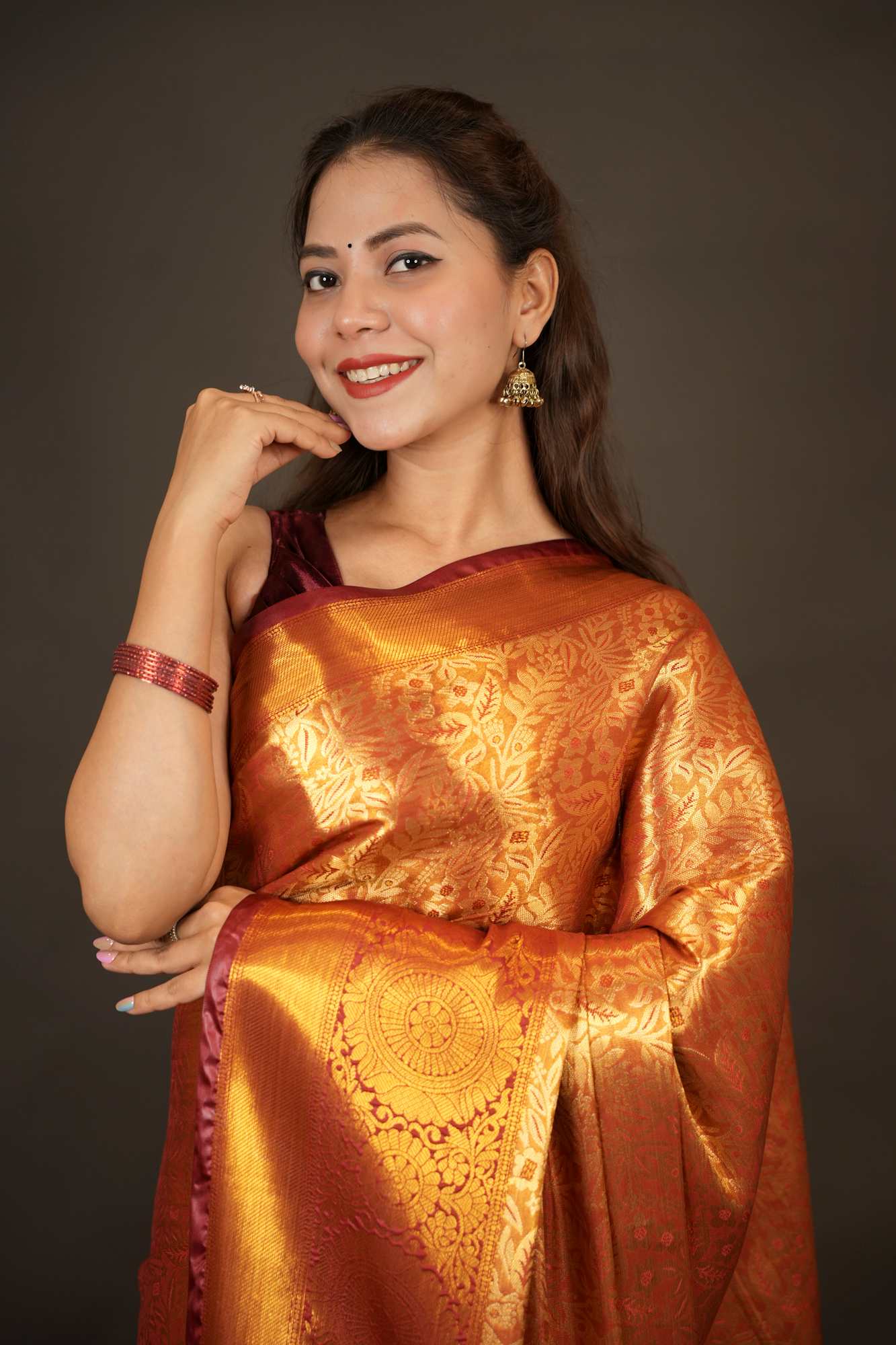 Kanjivaram Burnt Copper Gold with Intricate Zari Weave Ready to wear Saree
