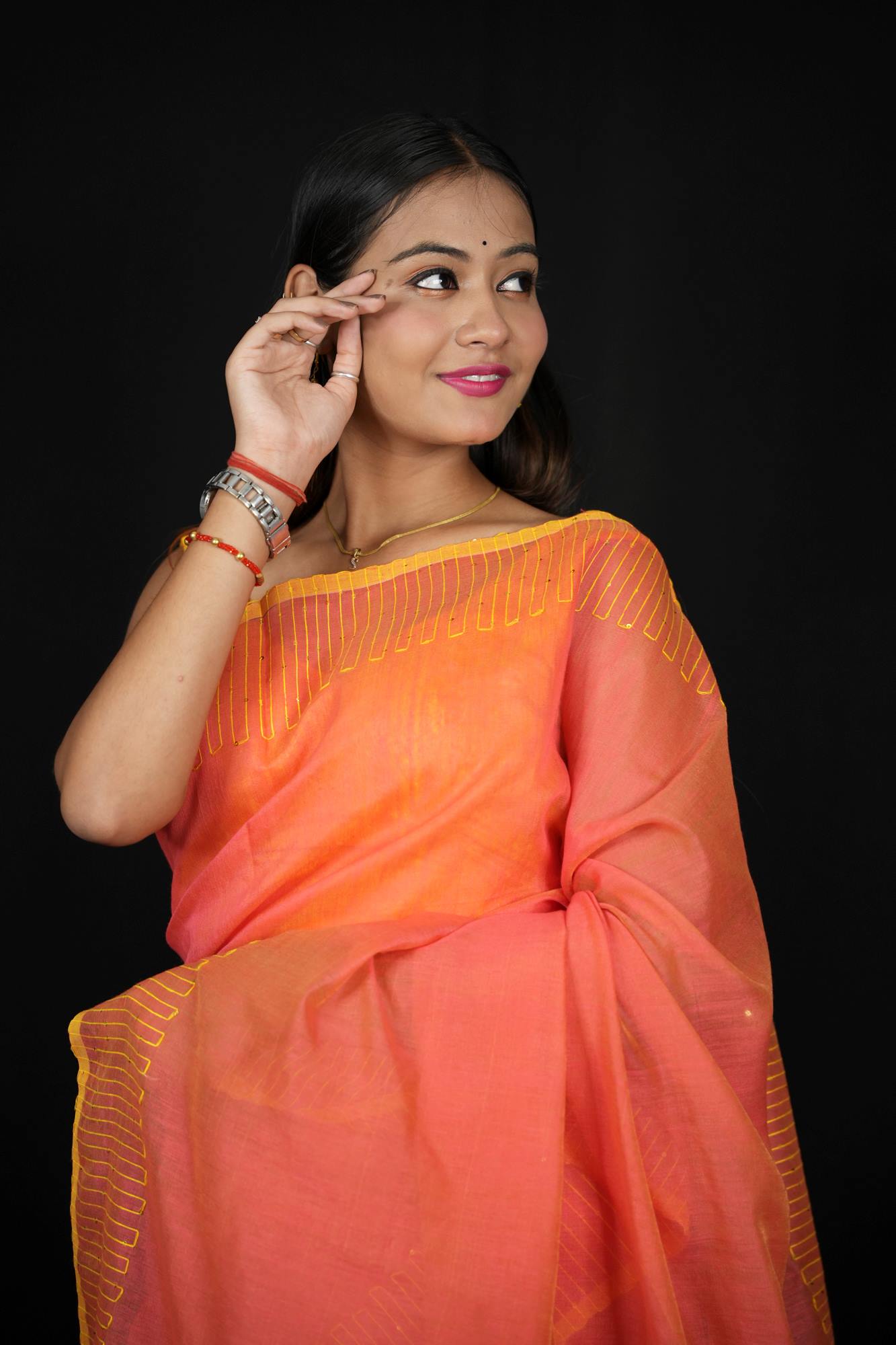 Peach & Yellow Cotton with Subtle Thread Work and Tassel Detailing Ready To wear Saree