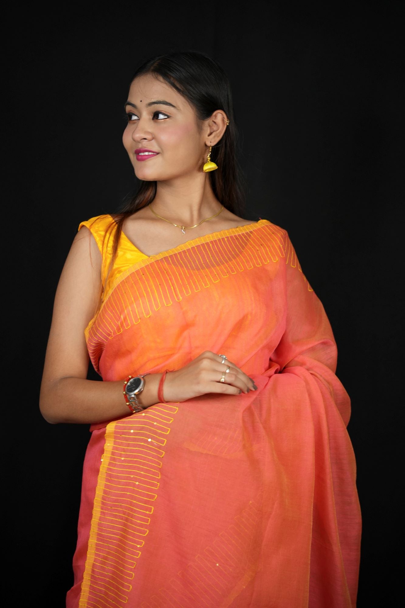 Peach & Yellow Cotton with Subtle Thread Work and Tassel Detailing Ready To wear Saree