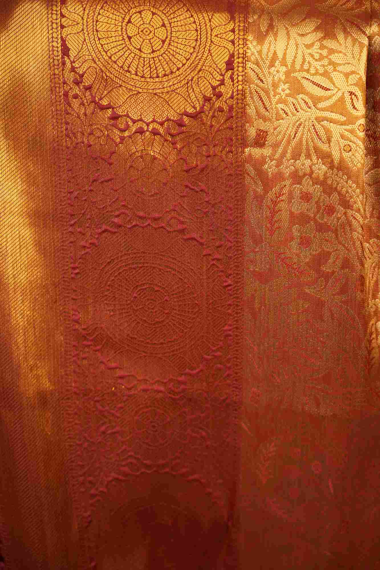 Kanjivaram Burnt Copper Gold with Intricate Zari Weave Ready to wear Saree