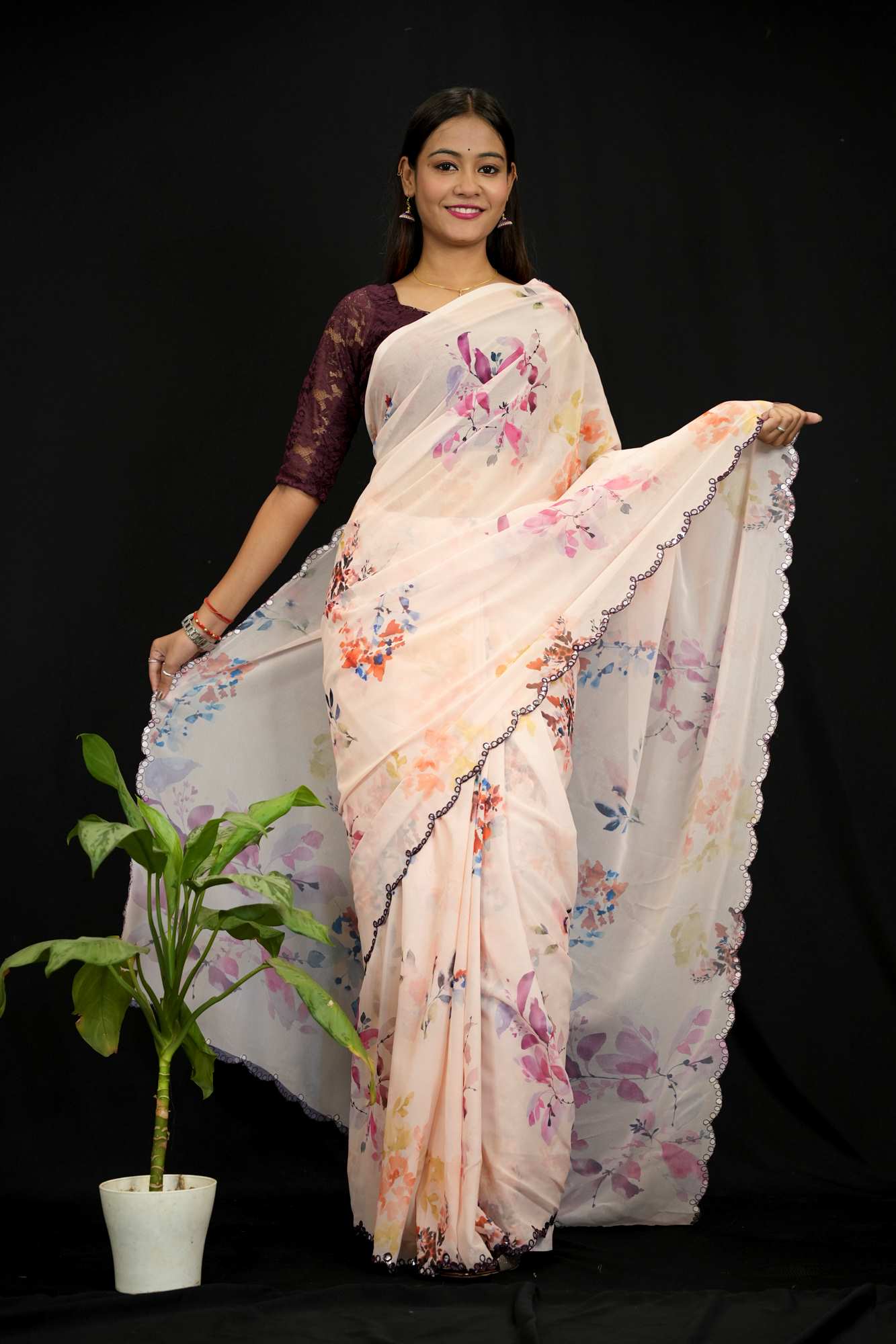 Georgette Silk Floral Digital Print with Mirror Work Border Ready To Wear Saree