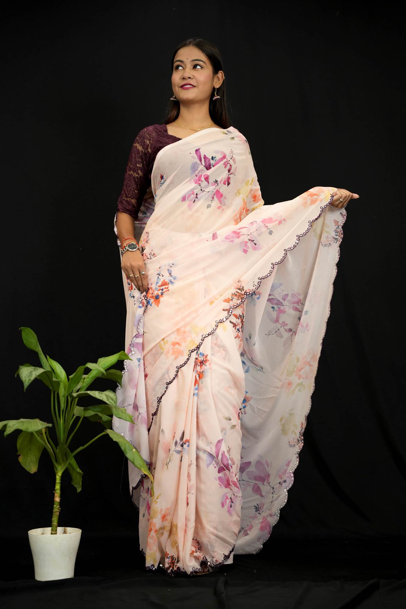 Georgette Silk Floral Digital Print with Mirror Work Border Ready To Wear Saree