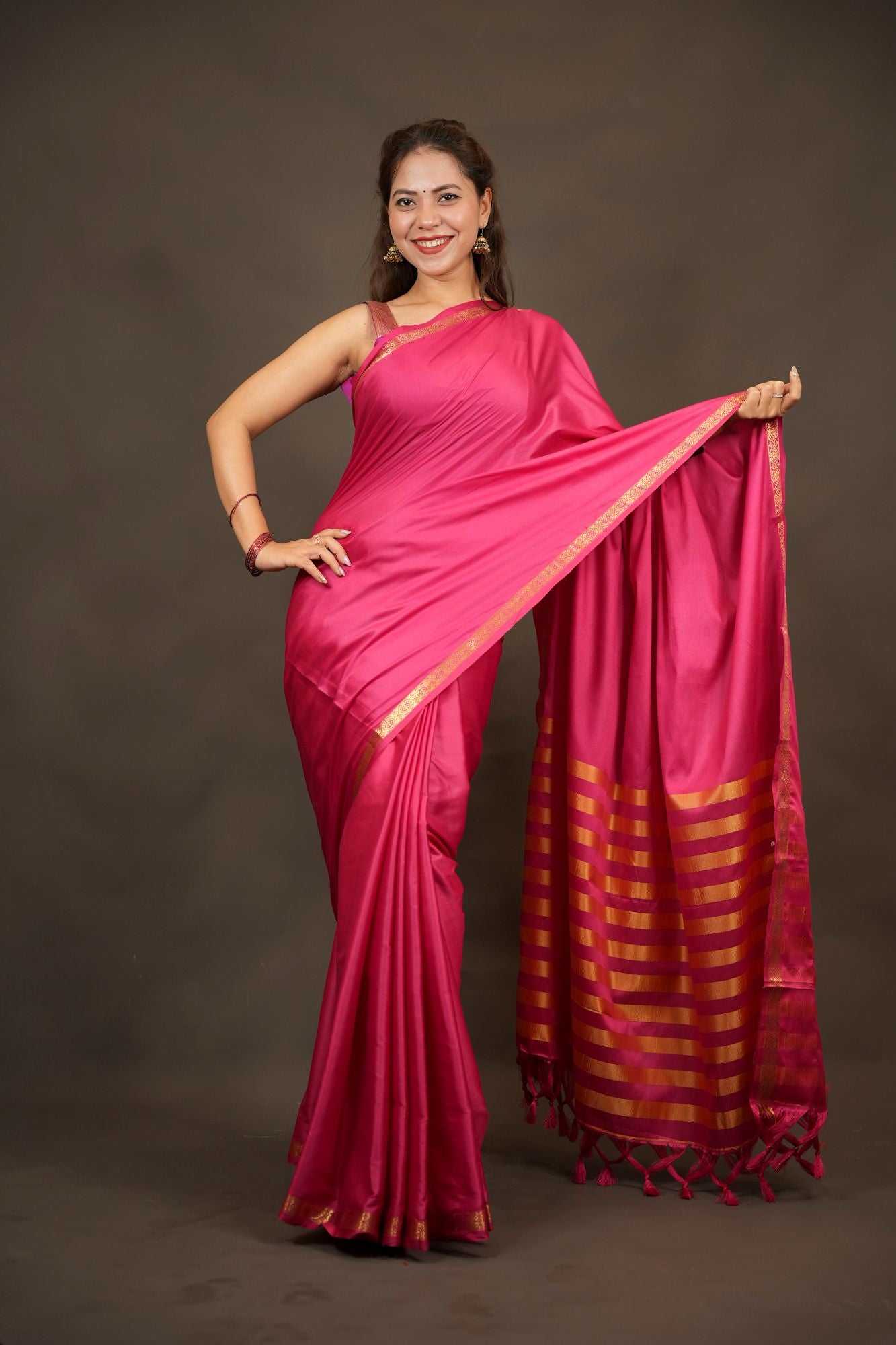 Classic Mysore Silk with intricate thin woven border prestitched saree