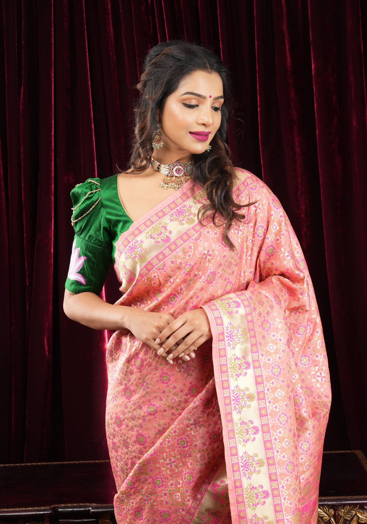 Exquisite Coral Pink Semi Silk Saree with Patola Ikkat Meenakari Zari Border and Pallu | SHOBITAM