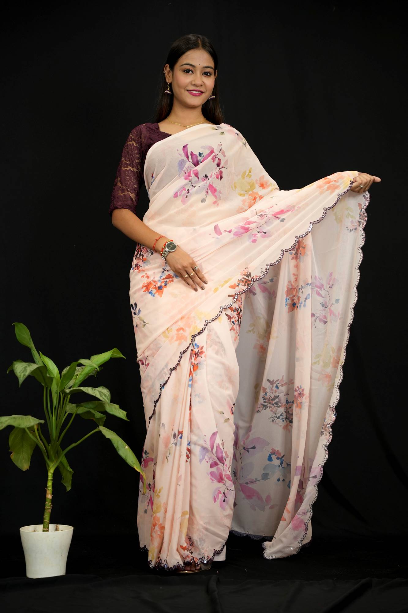 Georgette Silk Floral Digital Print with Mirror Work Border Ready To Wear Saree