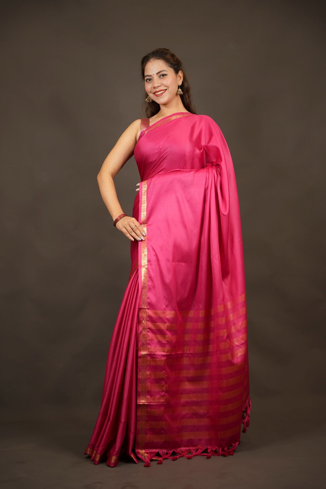 Classic Mysore Silk with intricate thin woven border prestitched saree