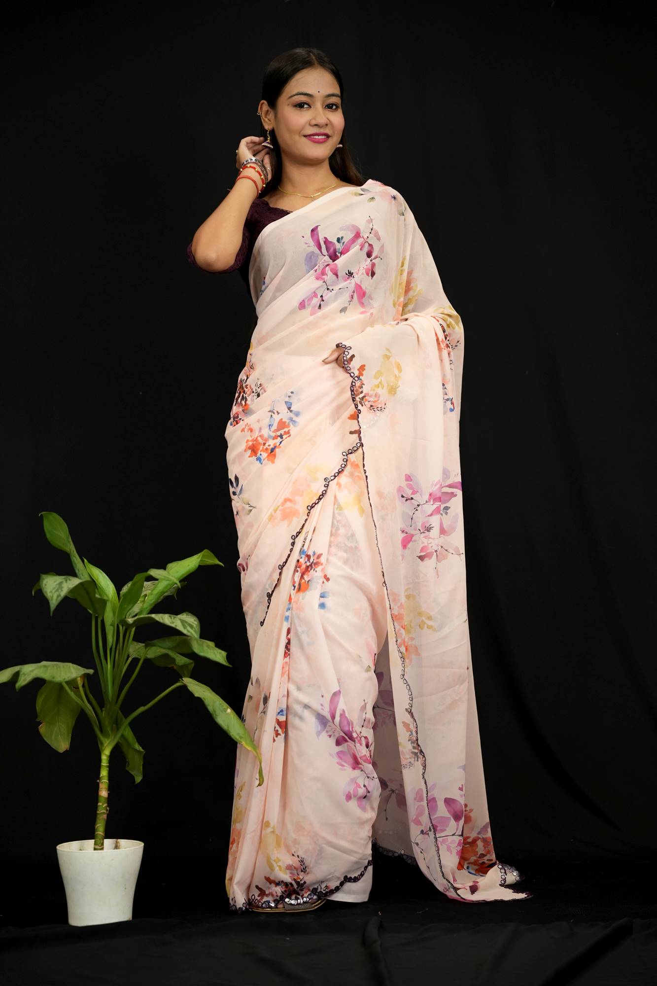 Georgette Silk Floral Digital Print with Mirror Work Border Ready To Wear Saree