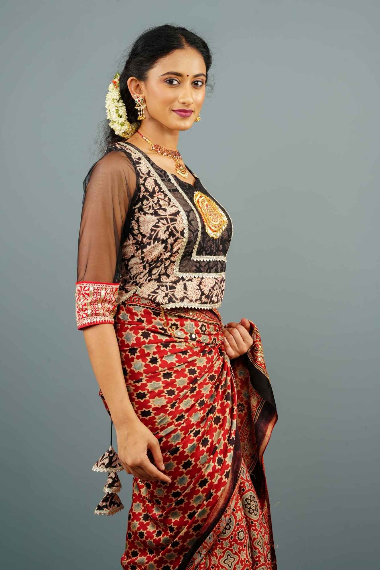 Koti Style Blouse in Black and red with Kalamkamkari Block Print, Net and Gota detailing and backless pattern, Customizable, Made to order!