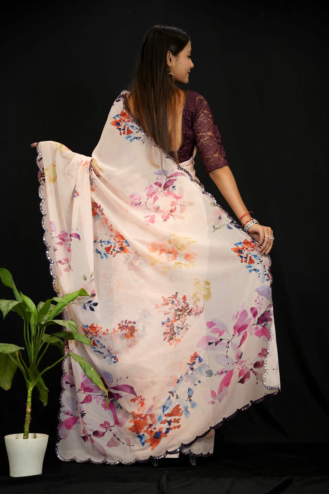 Georgette Silk Floral Digital Print with Mirror Work Border Ready To Wear Saree