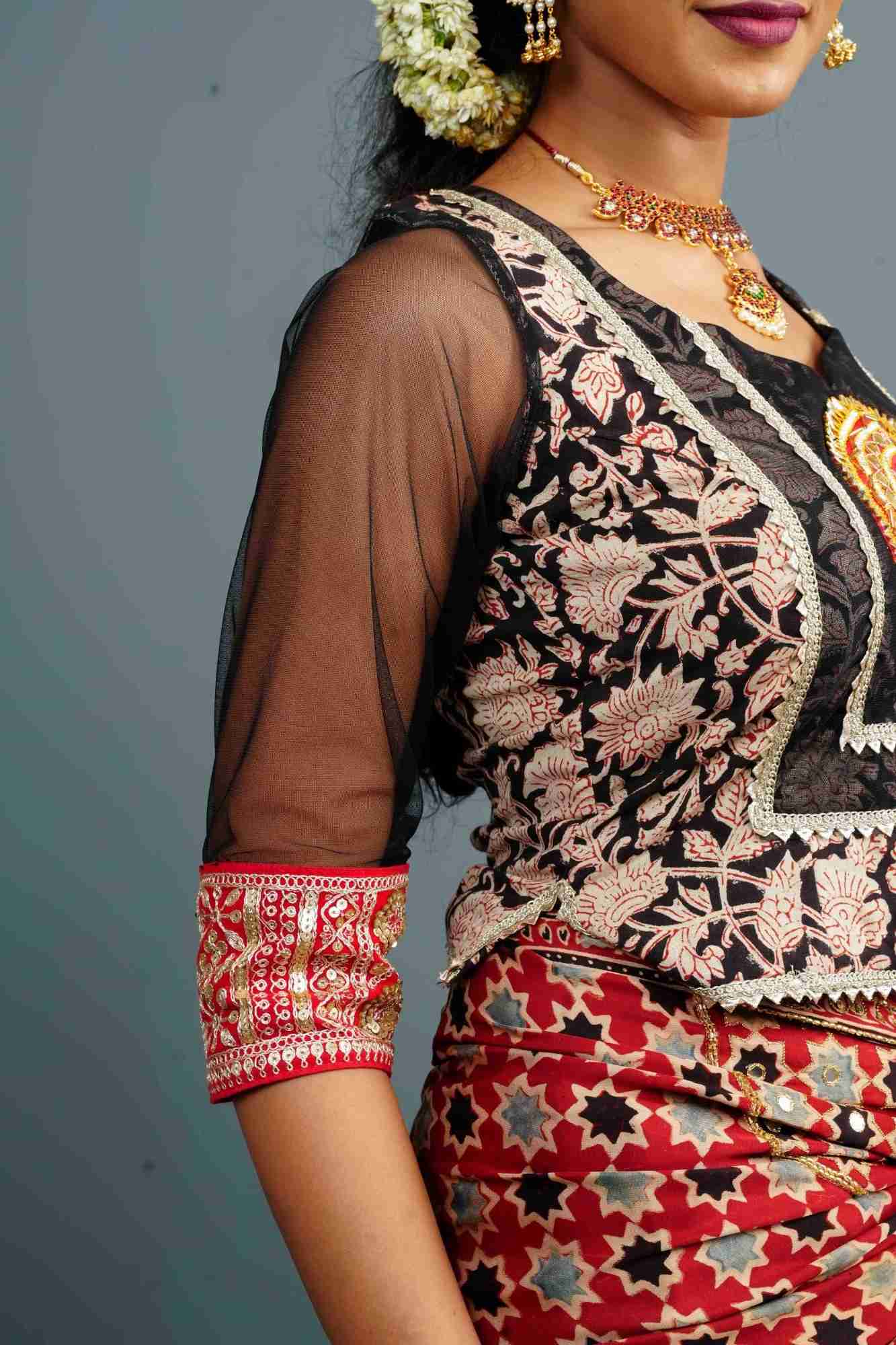 Koti Style Blouse in Black and red with Kalamkamkari Block Print, Net and Gota detailing and backless pattern, Customizable, Made to order!