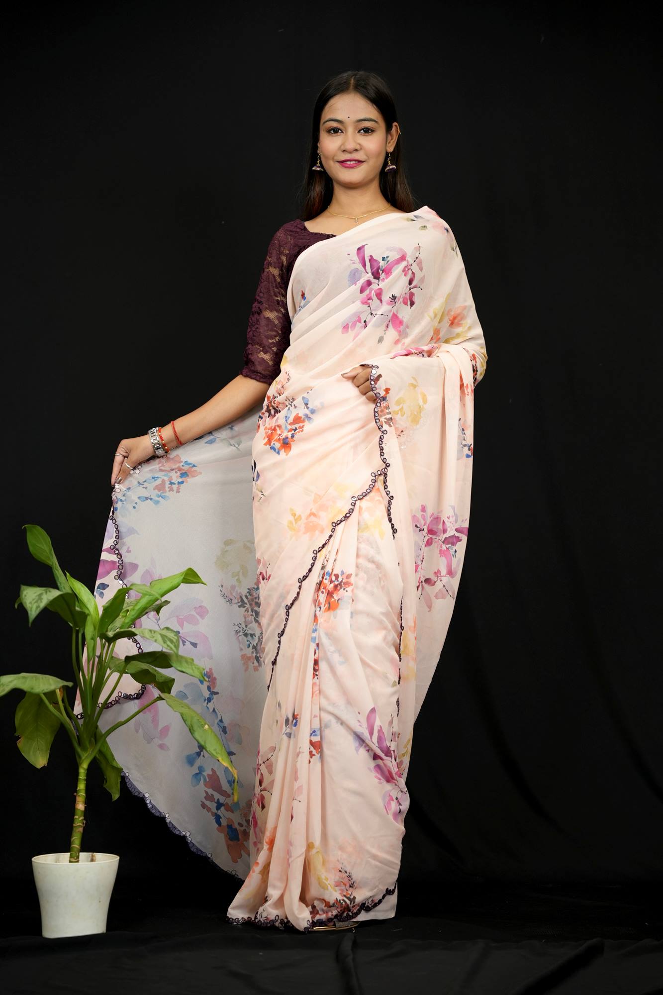 Georgette Silk Floral Digital Print with Mirror Work Border Ready To Wear Saree