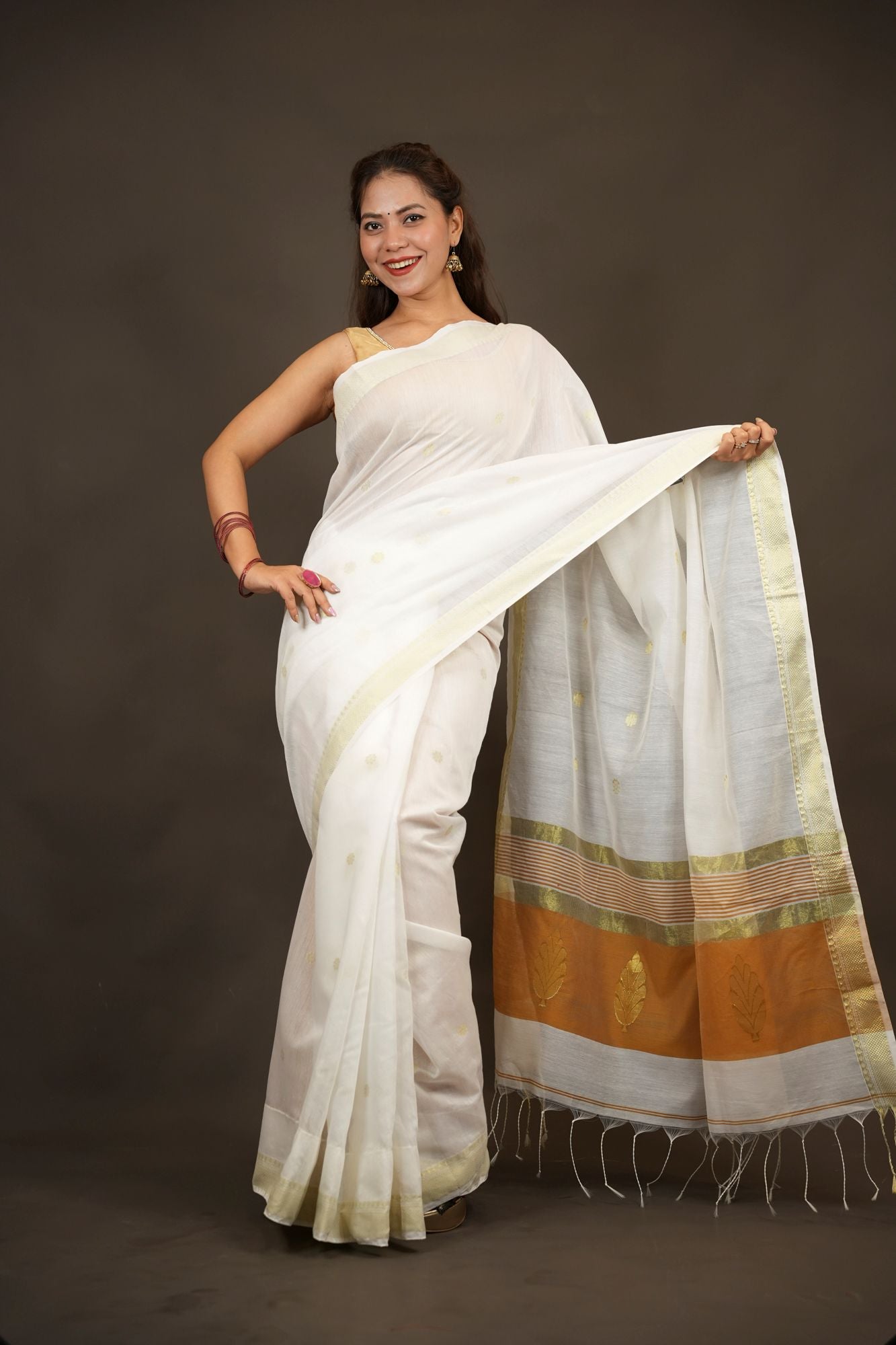 Silk-Cotton with Leaf Motifs and Zari Border Ready To Wear Saree